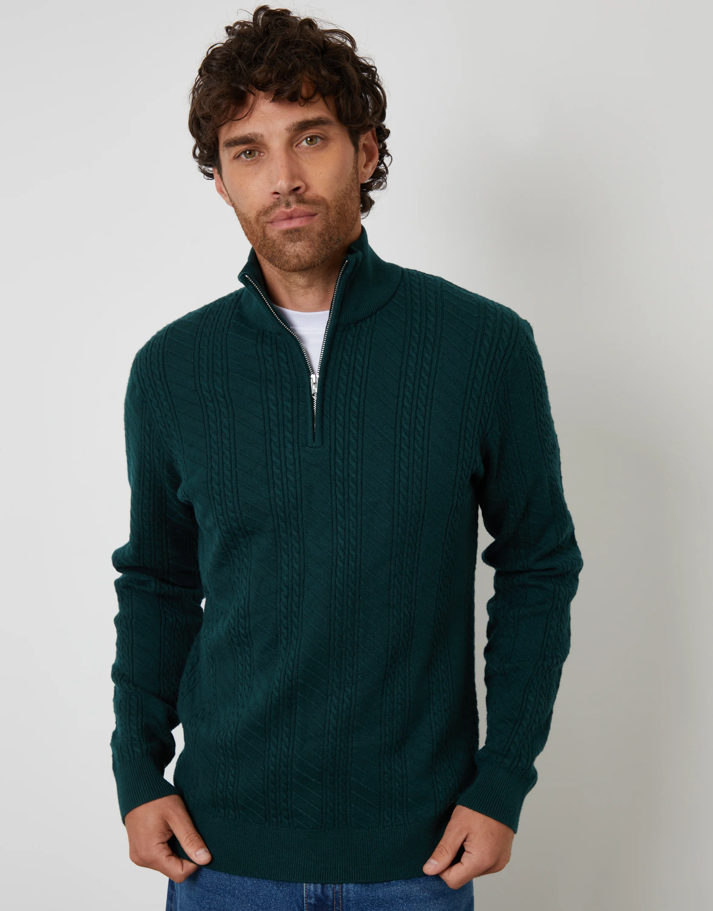 Cable Knit Quarter Zip Jumper in Dark Green