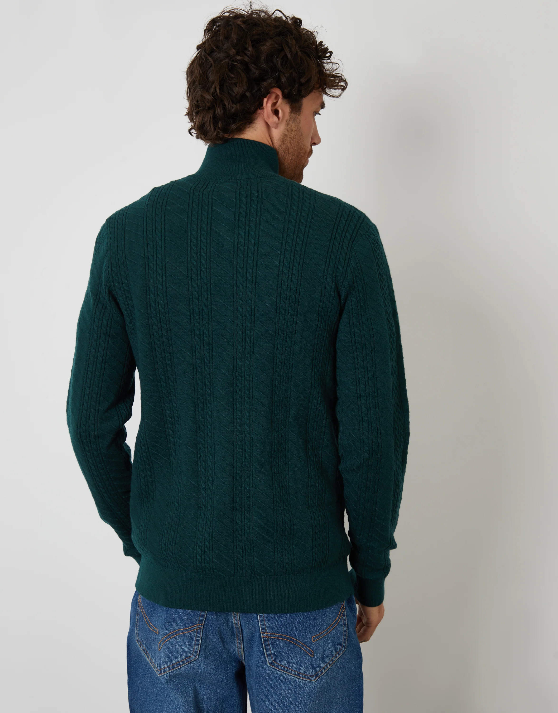 Cable Knit Quarter Zip Jumper in Dark Green - Image 2