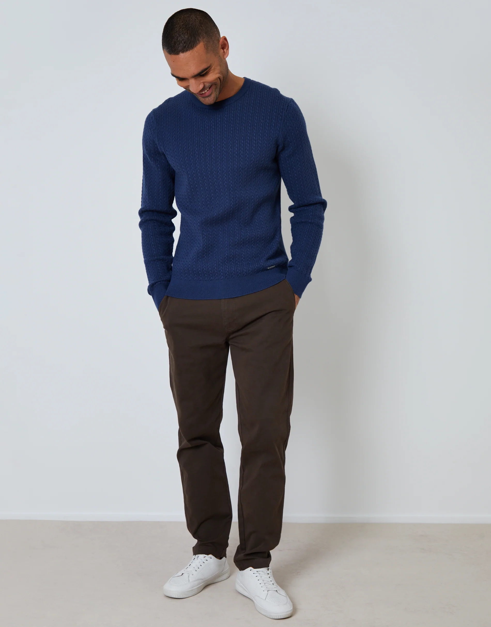 Cable Knit Rib Crew Neck Jumper in Denim Blue - Image 3