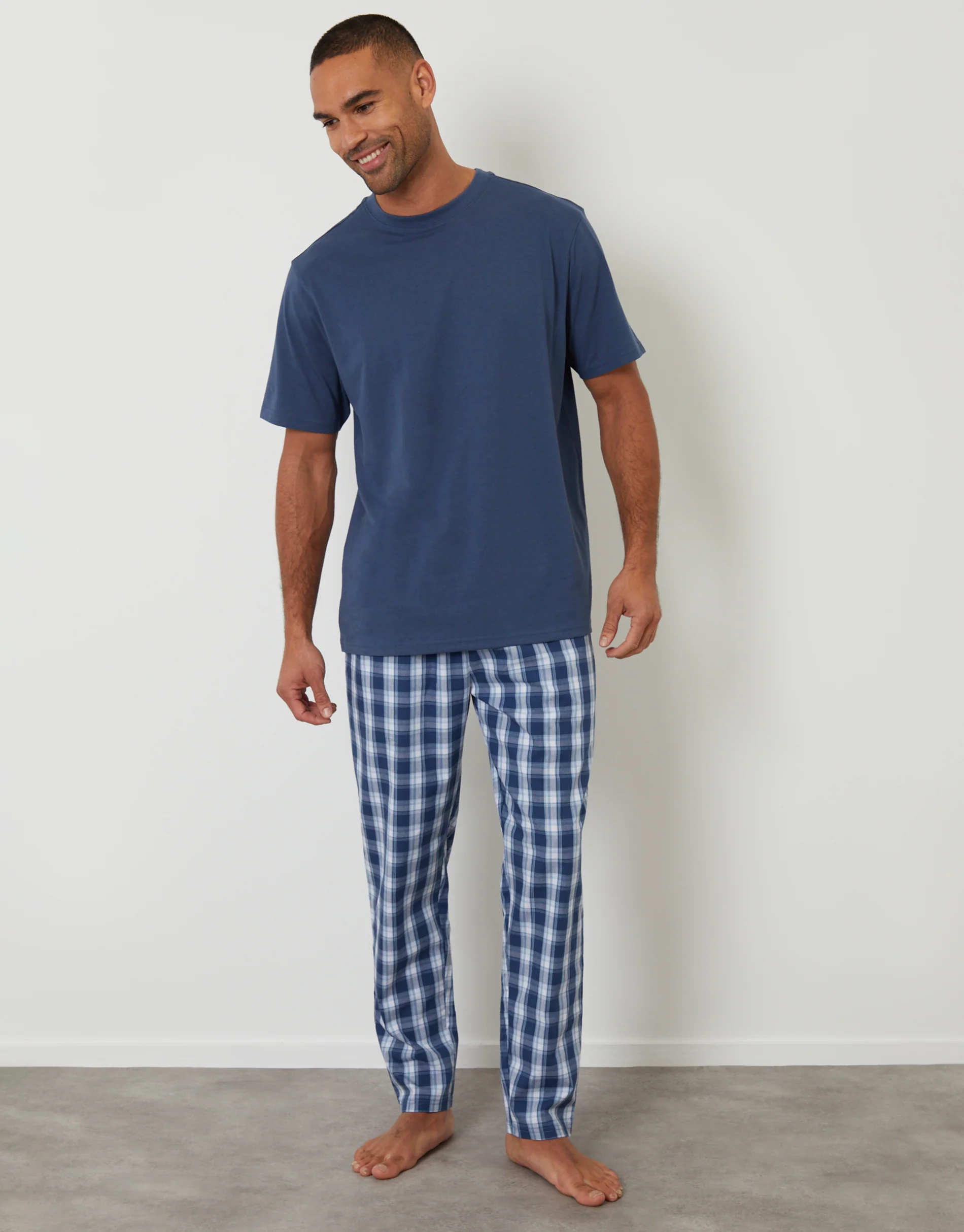 Relaxed Fit T-Shirt & Bottoms Pyjama Set in Denim Blue Check