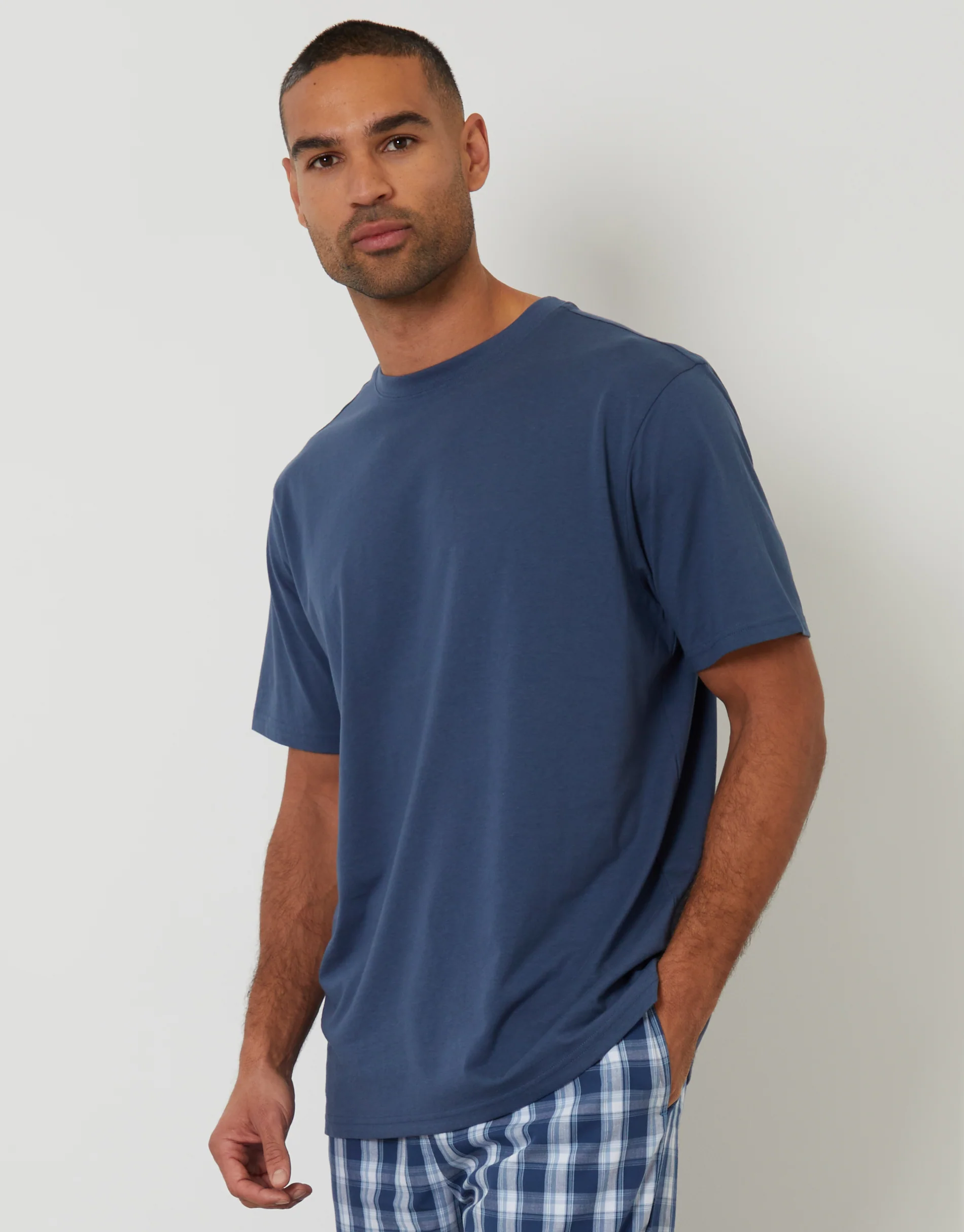 Relaxed Fit T-Shirt & Bottoms Pyjama Set in Denim Blue Check - Image 2