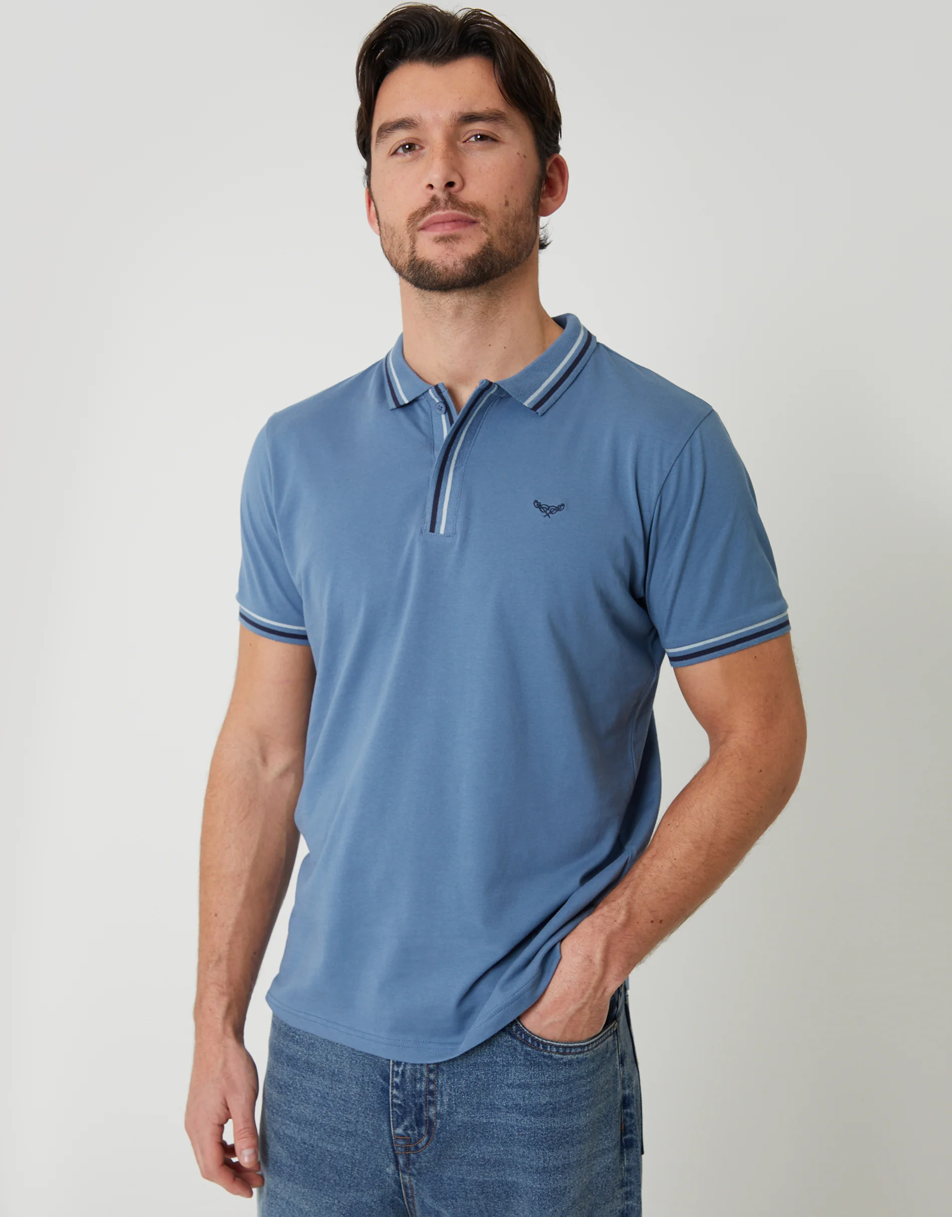 Contrast Tipping Hidden Placket Polo Shirt in Denim Blue