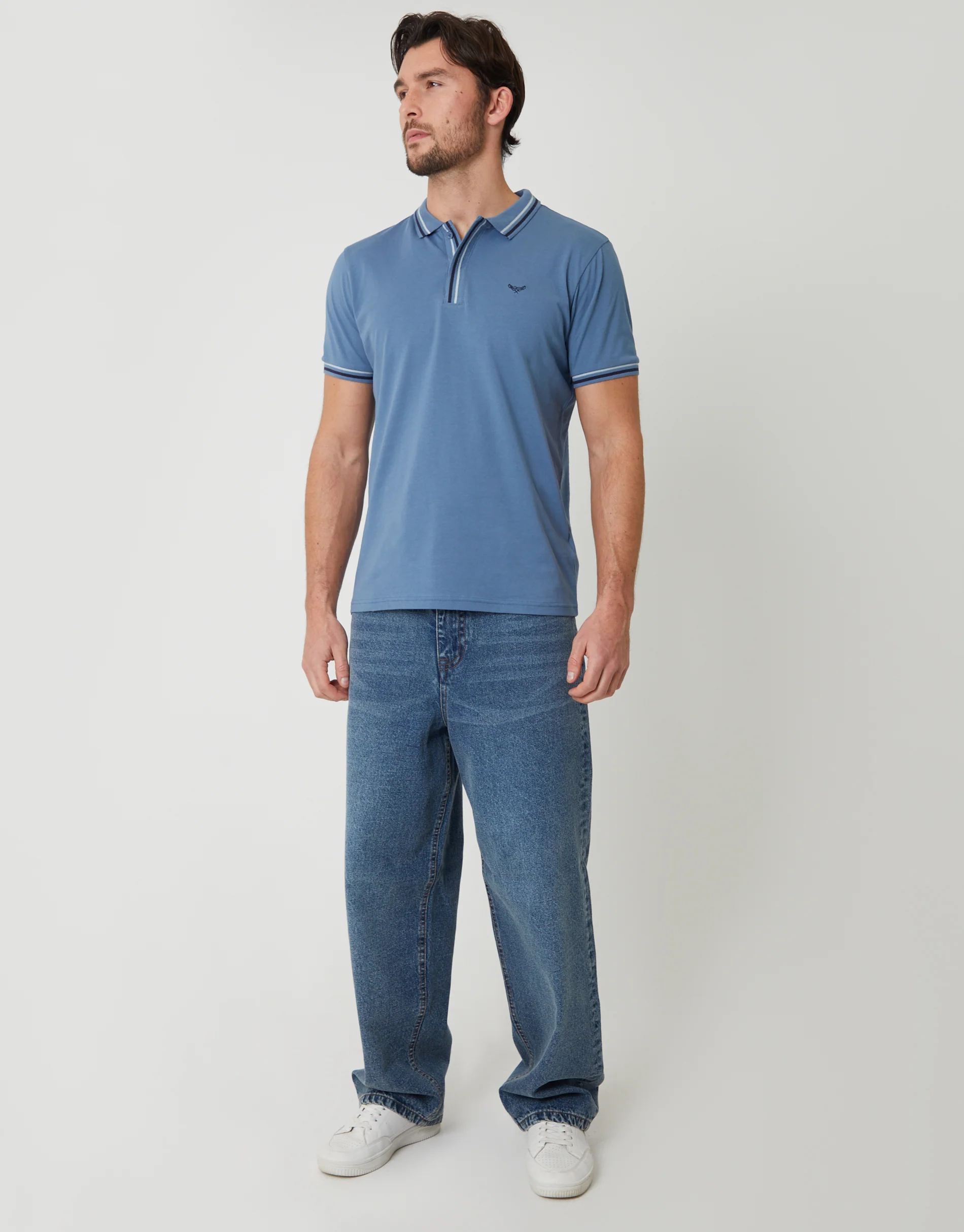 Contrast Tipping Hidden Placket Polo Shirt in Denim Blue - Image 3