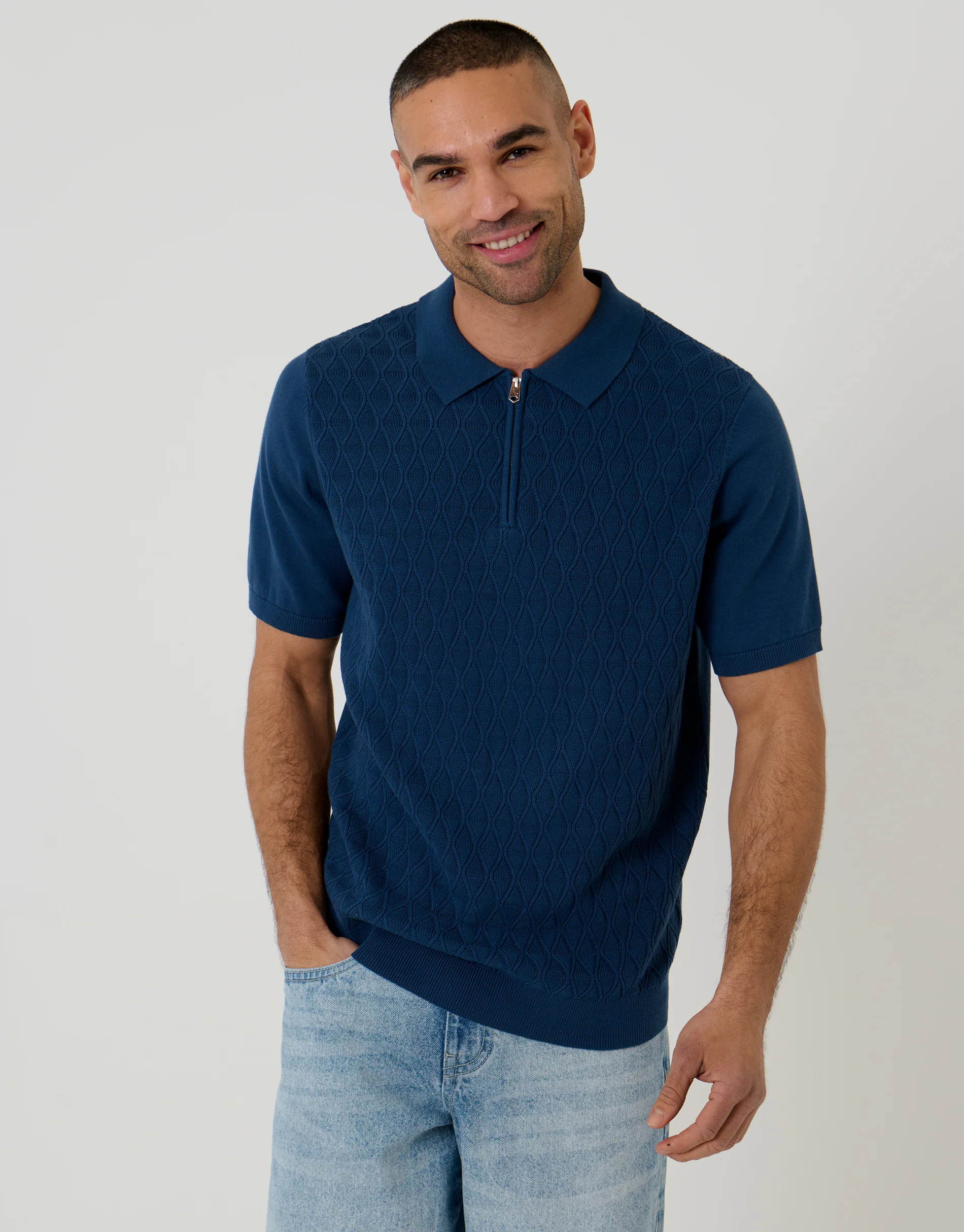 Diamond Cable Knit Quarter Zip Polo in Denim Blue