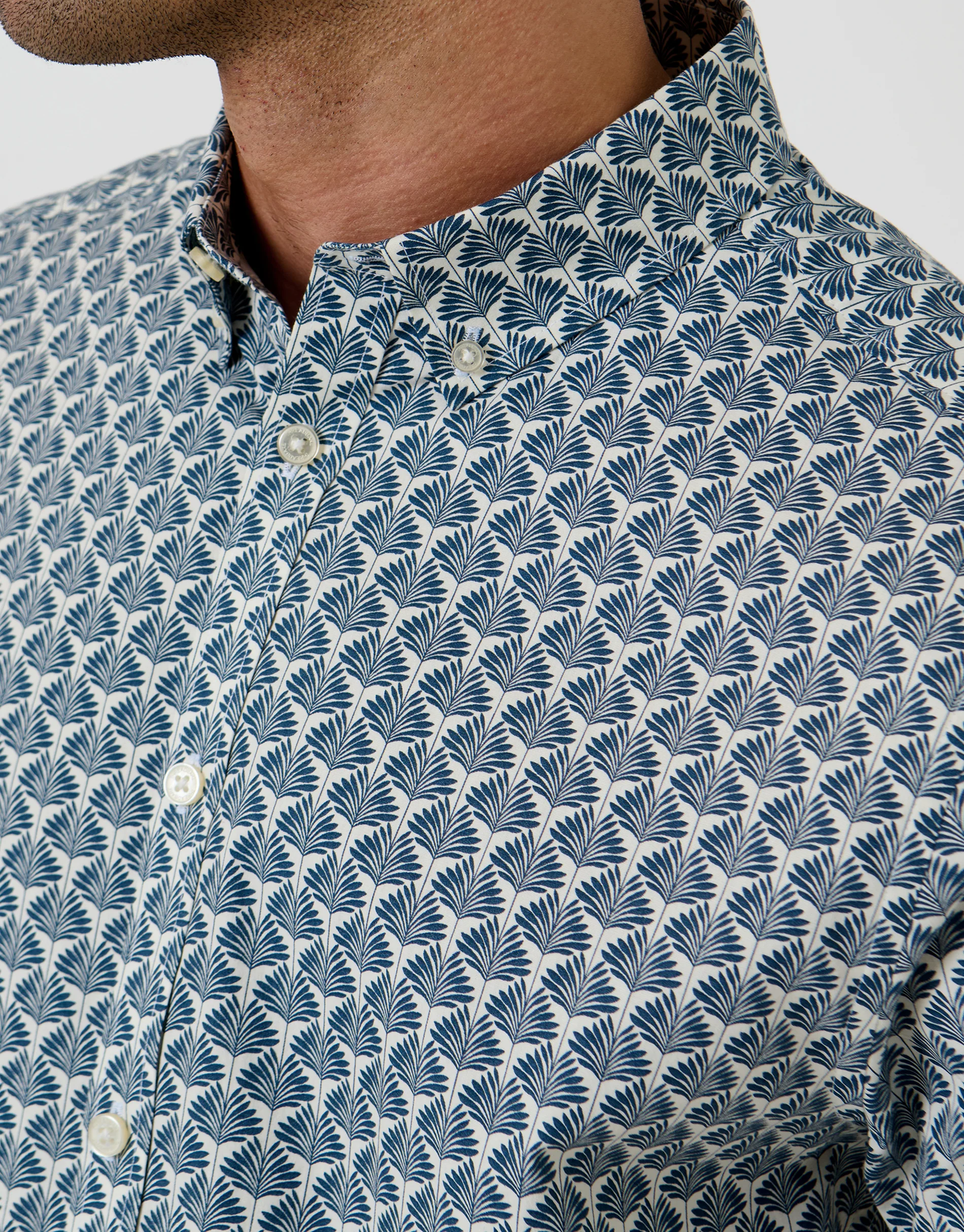 Linear Leaf Print Cotton Short Sleeve Shirt in Denim Blue - Image 5