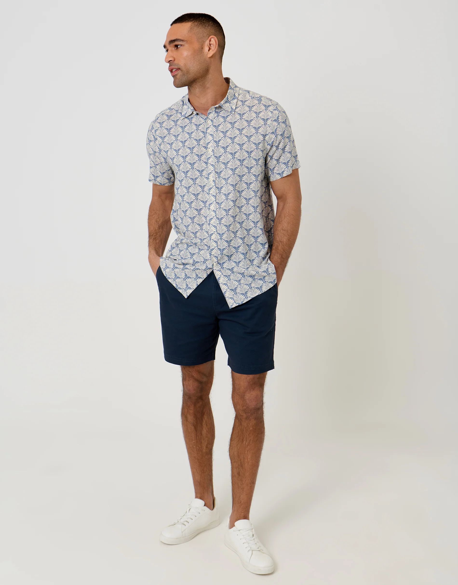 Linear Leaf Print Short Sleeve Shirt in Denim Blue - Image 3