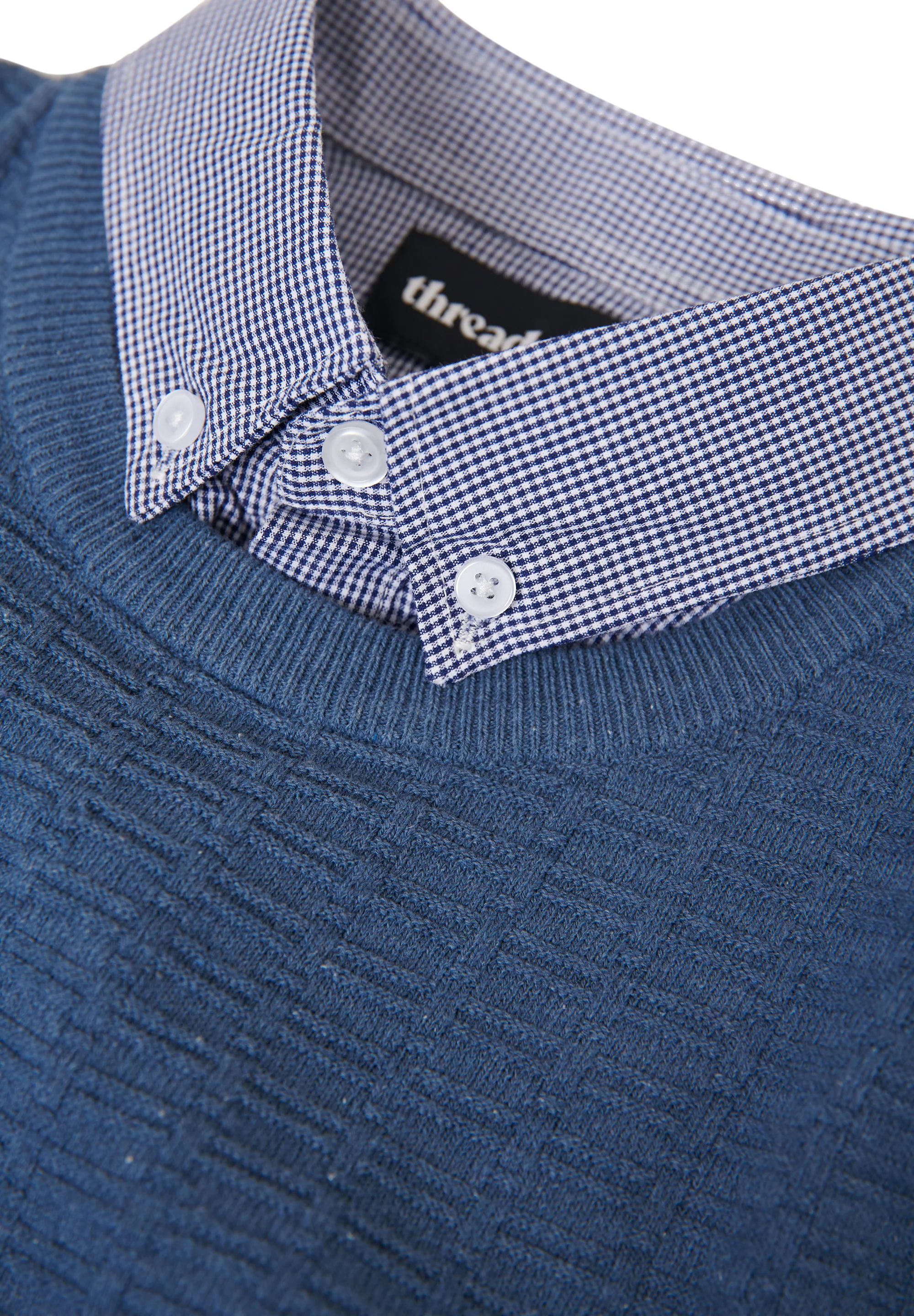 Mock Shirt Textured Knitted Jumper in Denim Blue - Image 5