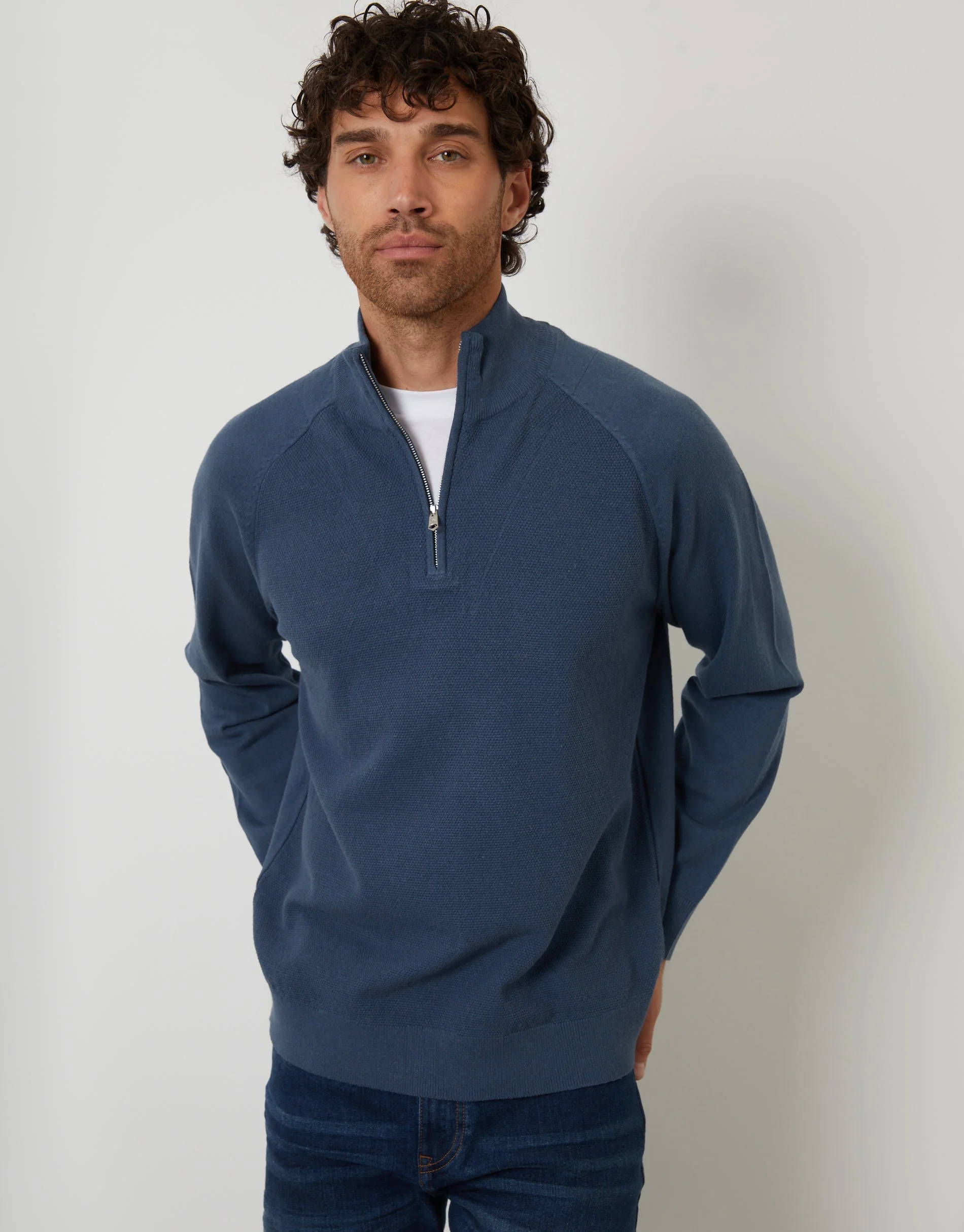 Mock Tee Textured Knit Quarter Zip Jumper in Denim Blue