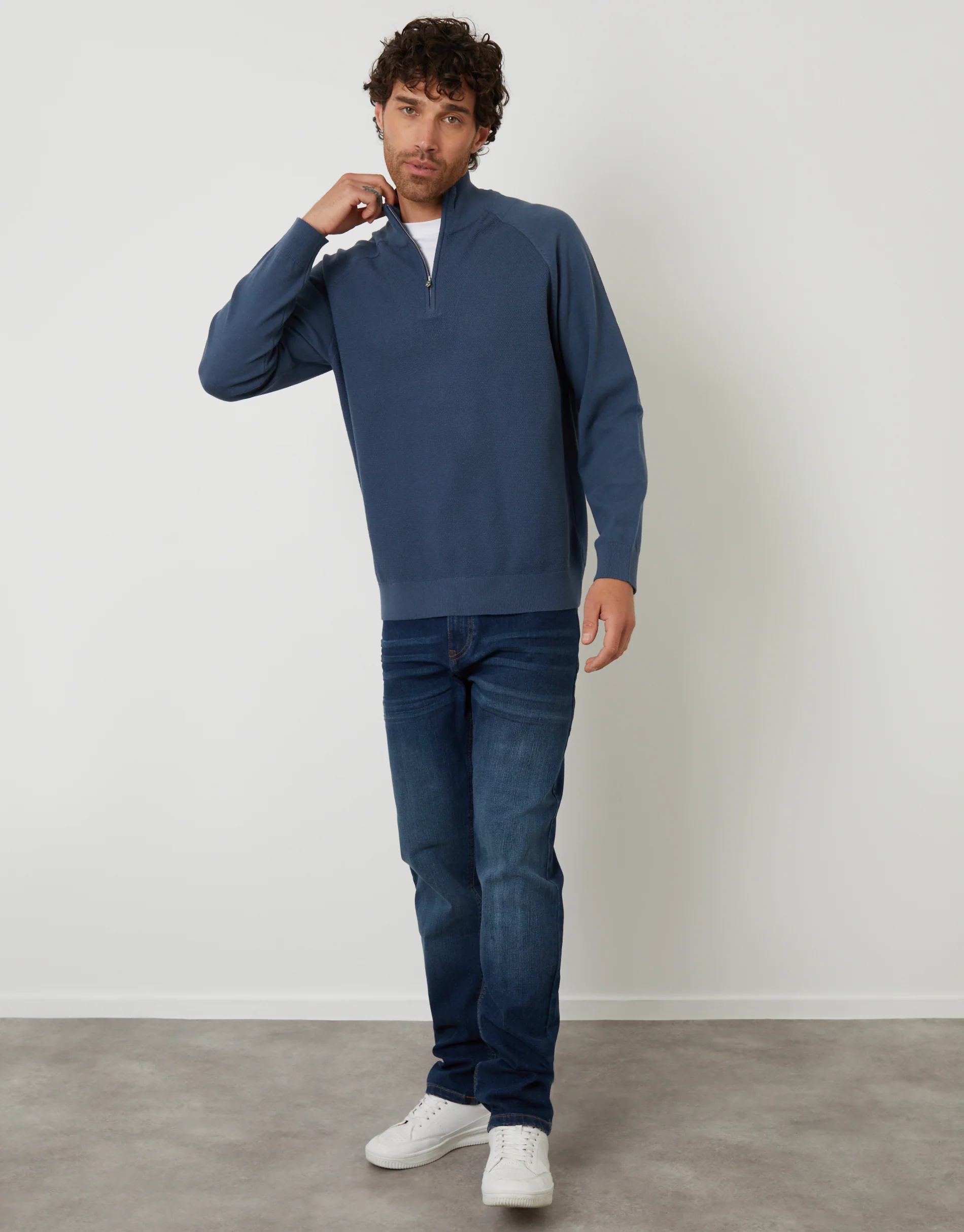 Mock Tee Textured Knit Quarter Zip Jumper in Denim Blue - Image 3