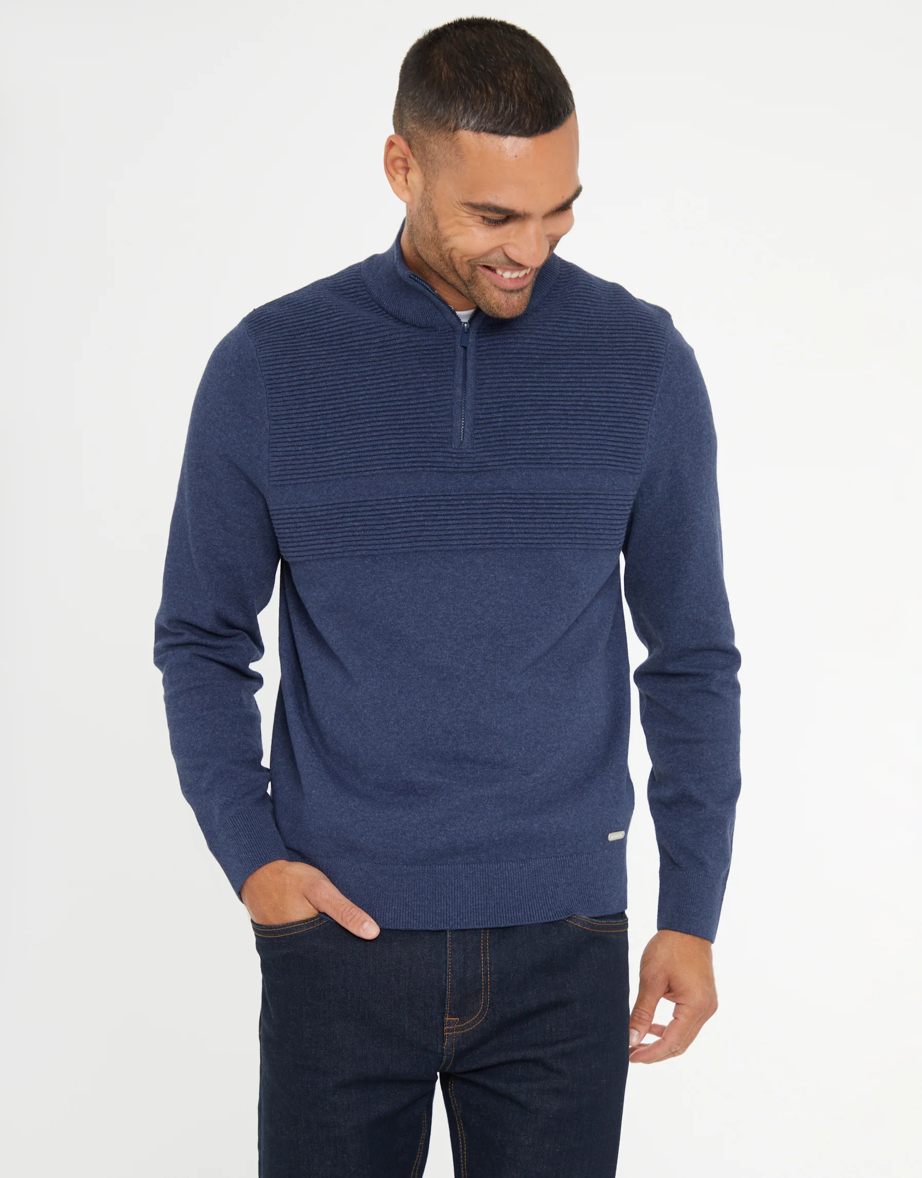 Rib Detail Knitted Quarter Zip Jumper in Denim Blue