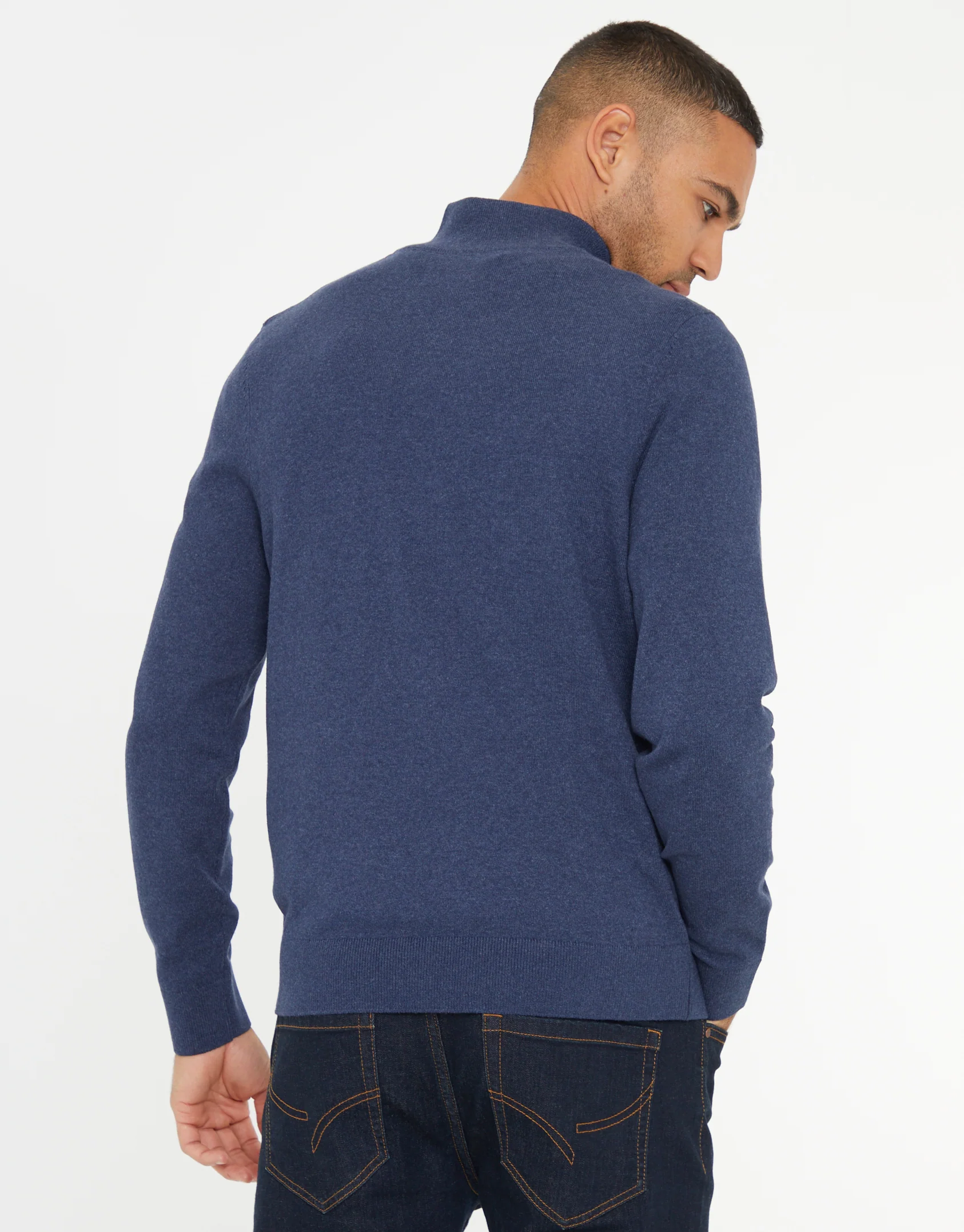 Rib Detail Knitted Quarter Zip Jumper in Denim Blue - Image 2