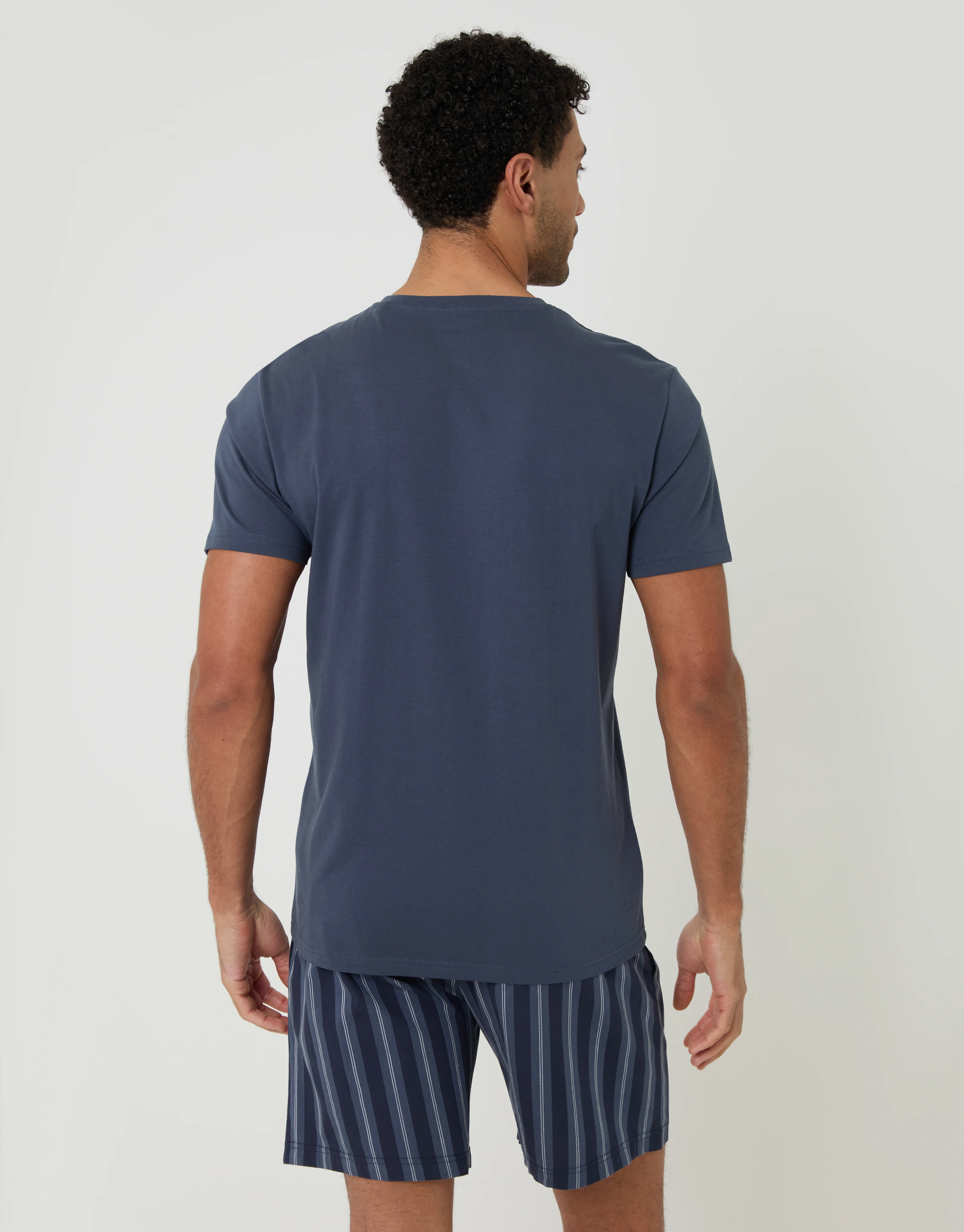 Grandad Pyjama Top & Shorts Set in Denim Blue Stripe - Image 2