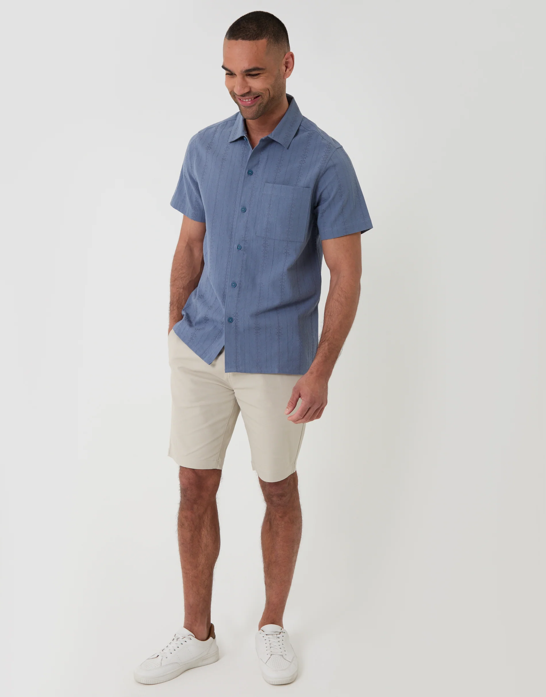 Textured Cotton Short Sleeve Shirt in Denim Blue - Image 3