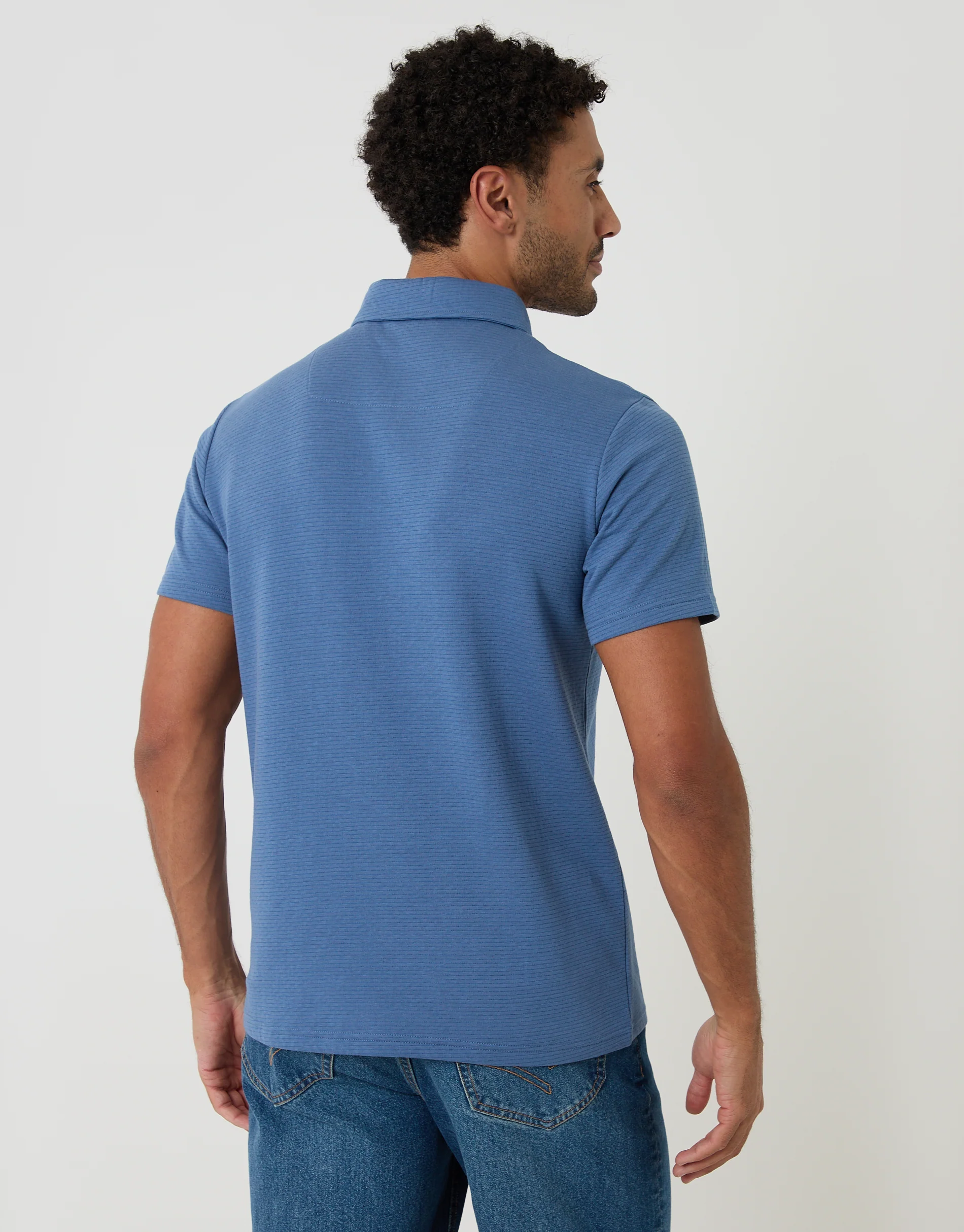 Textured Hidden Placket Polo Shirt in Denim Blue - Image 2