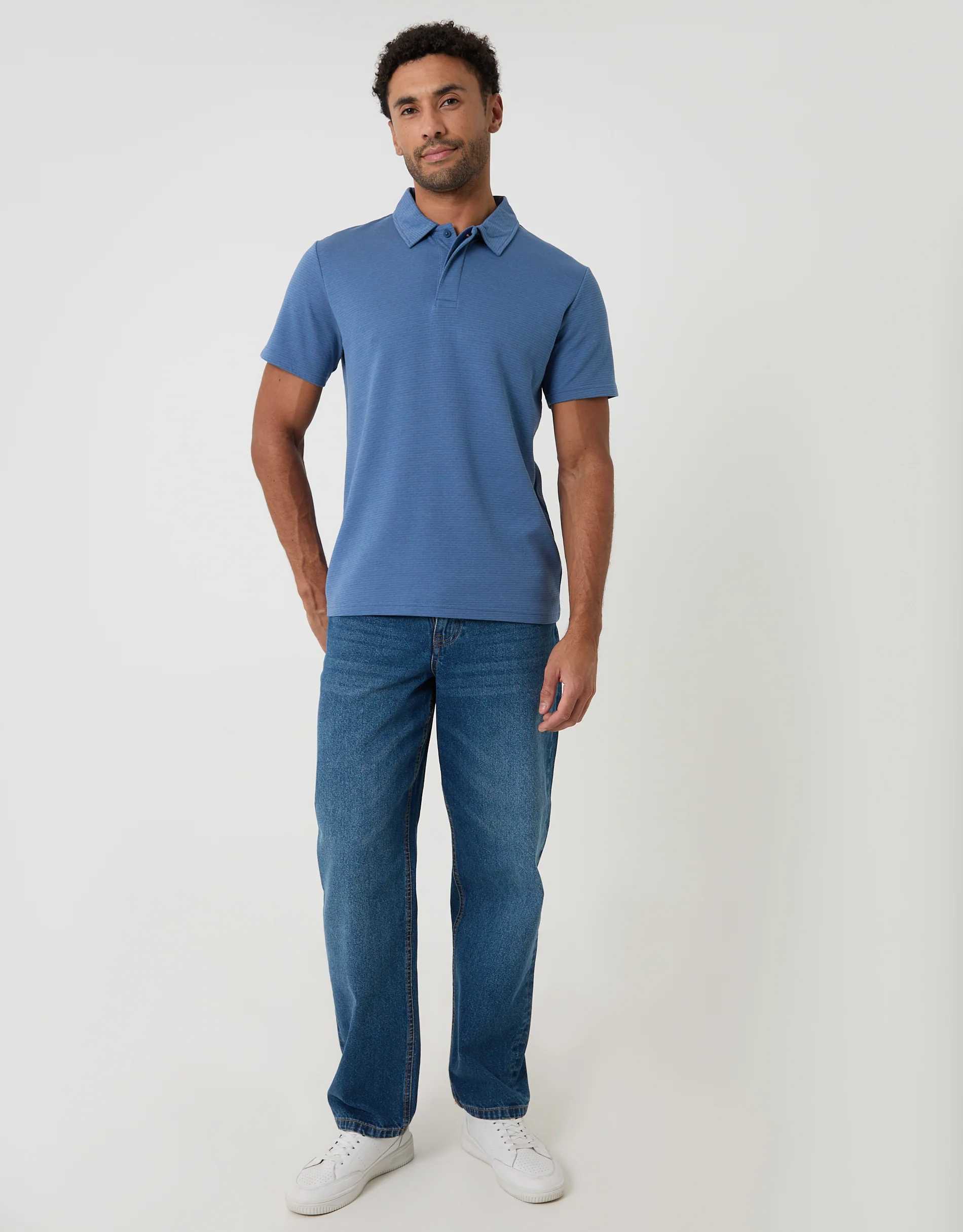Textured Hidden Placket Polo Shirt in Denim Blue - Image 3