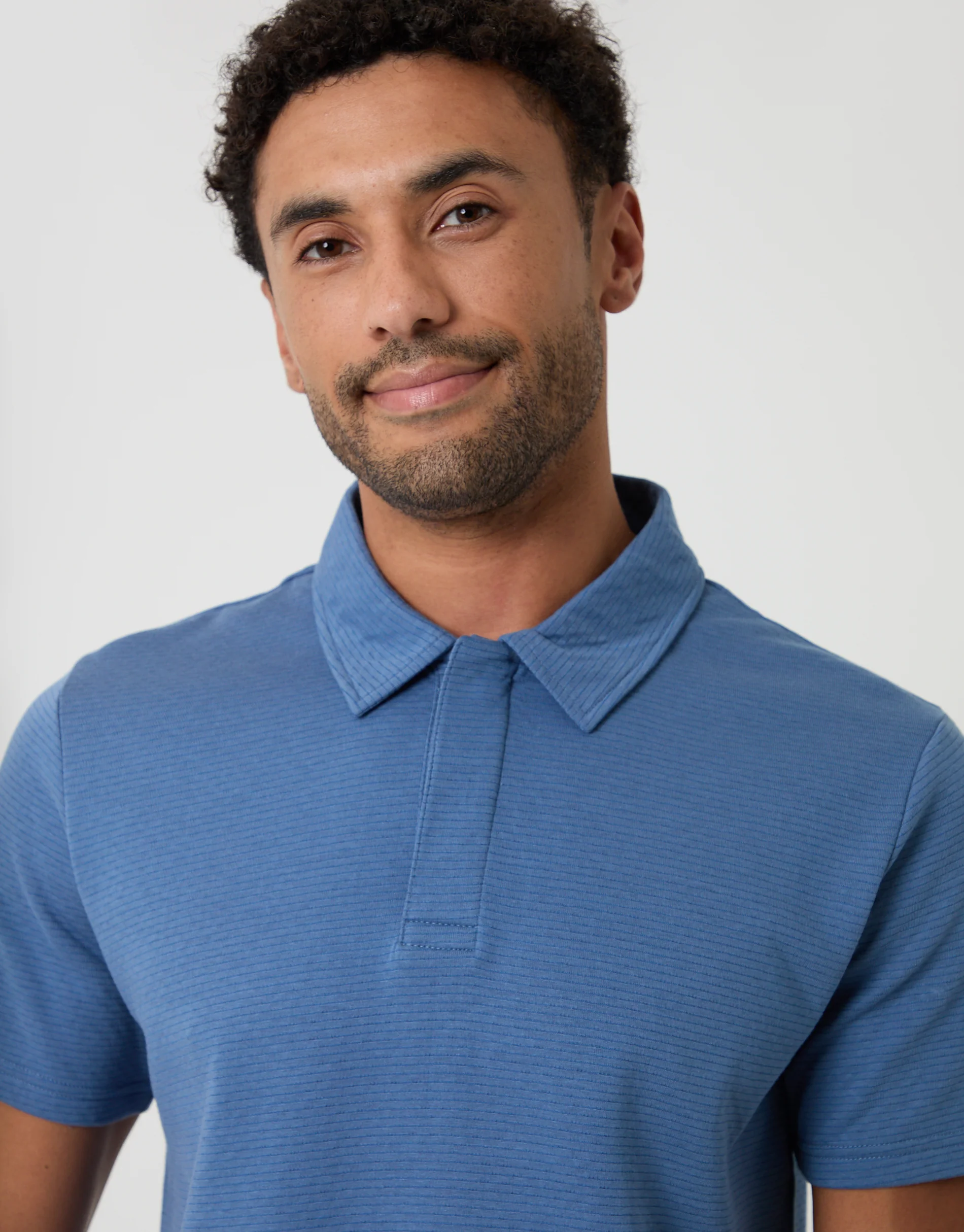 Textured Hidden Placket Polo Shirt in Denim Blue - Image 4