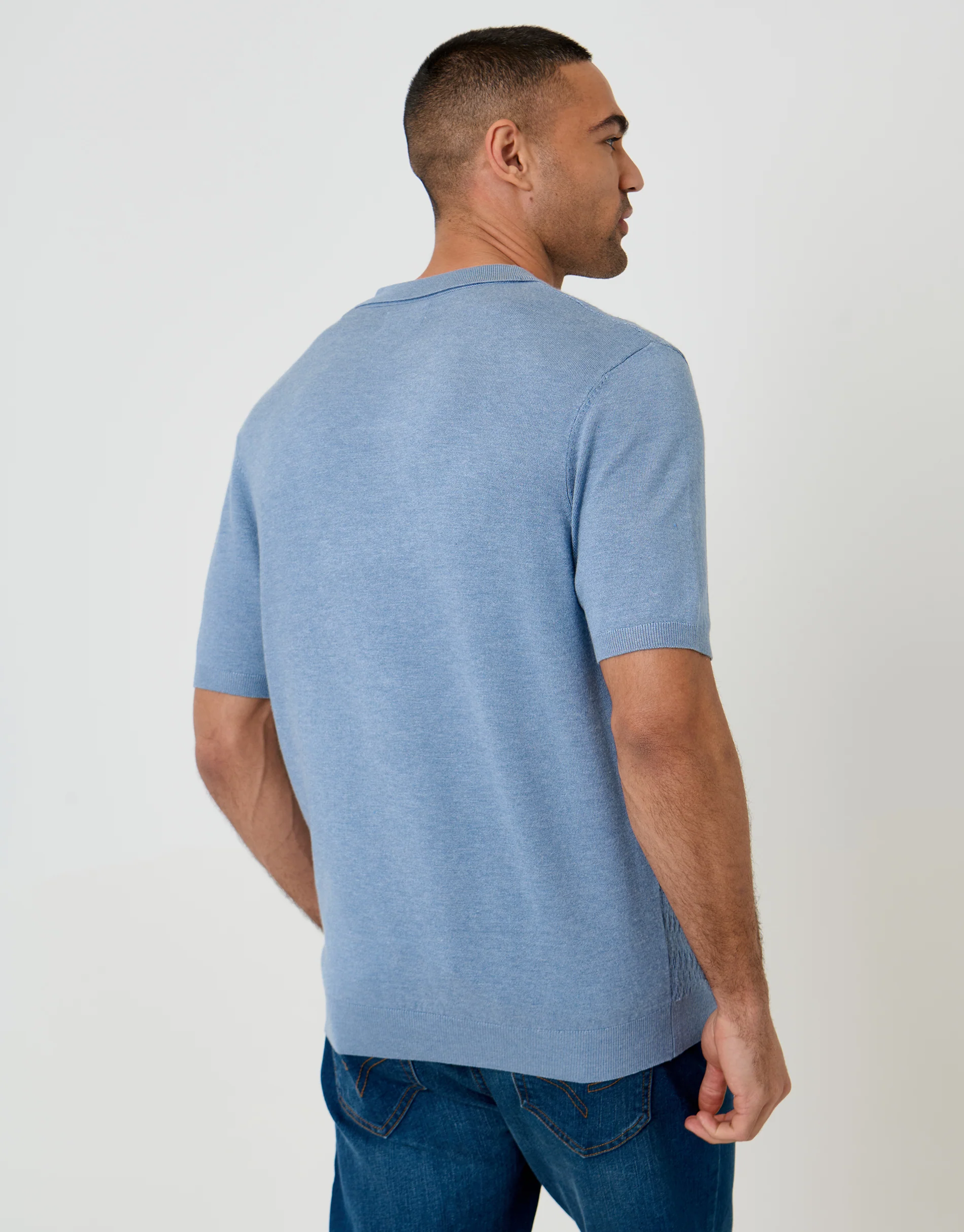 Textured Knit Front Trophy Neck Polo in Denim Blue - Image 2