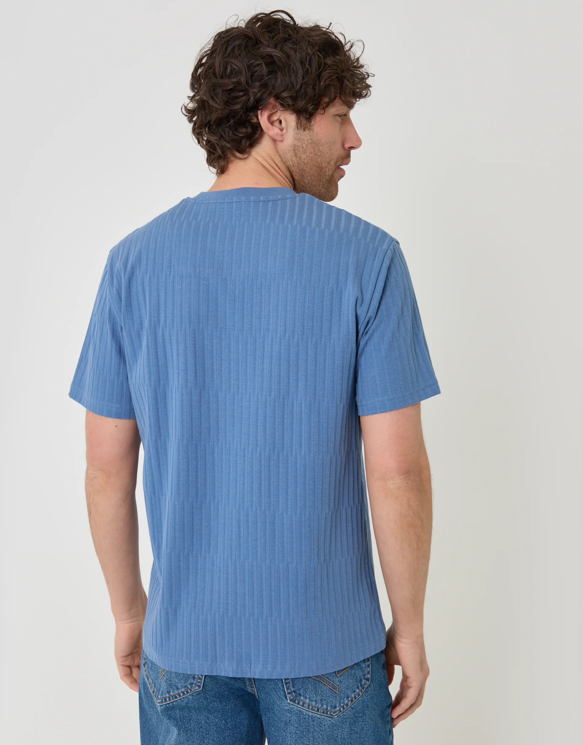 Textured Rib Cotton Crew Neck T-Shirt in Denim Blue - Image 2