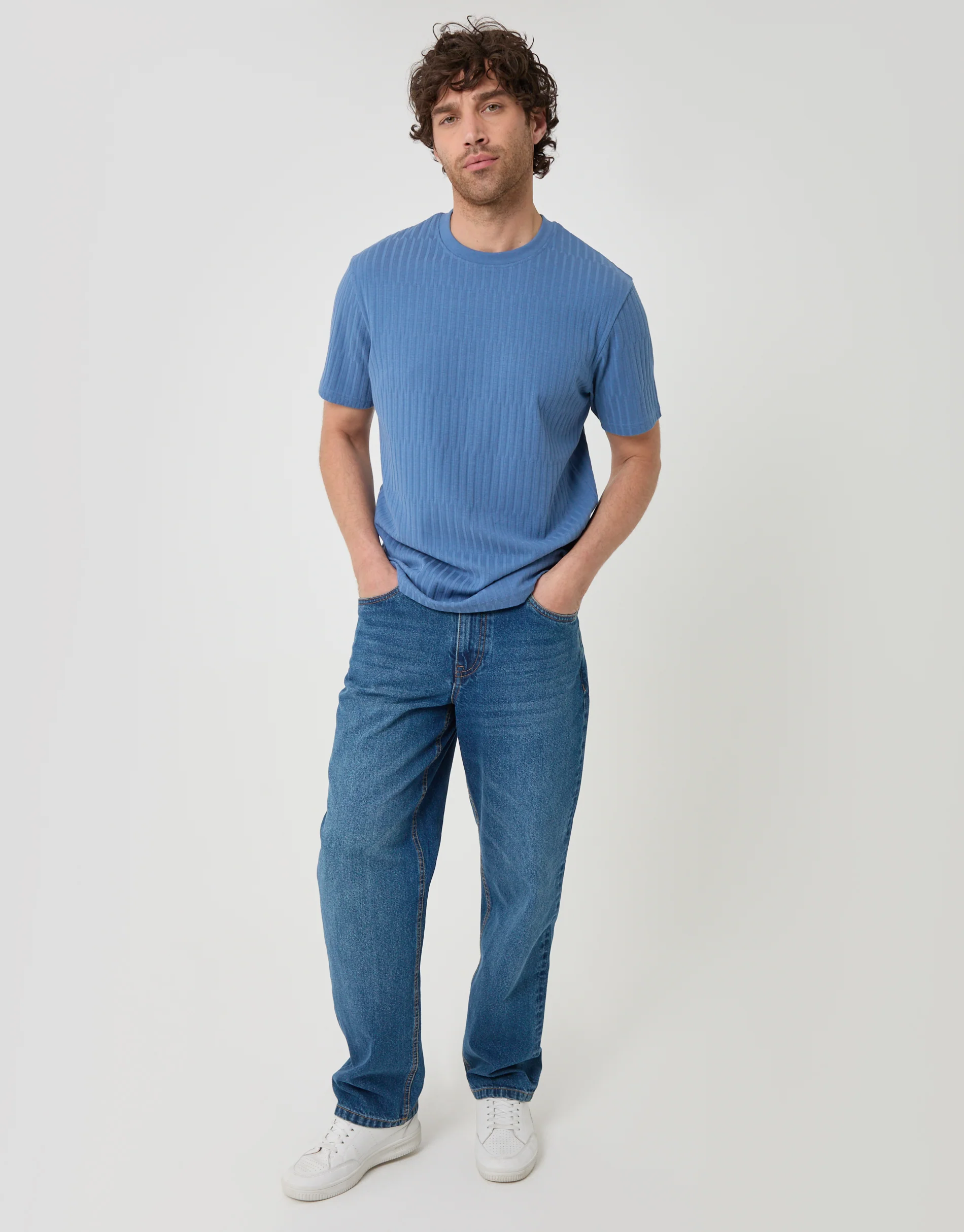 Textured Rib Cotton Crew Neck T-Shirt in Denim Blue - Image 3