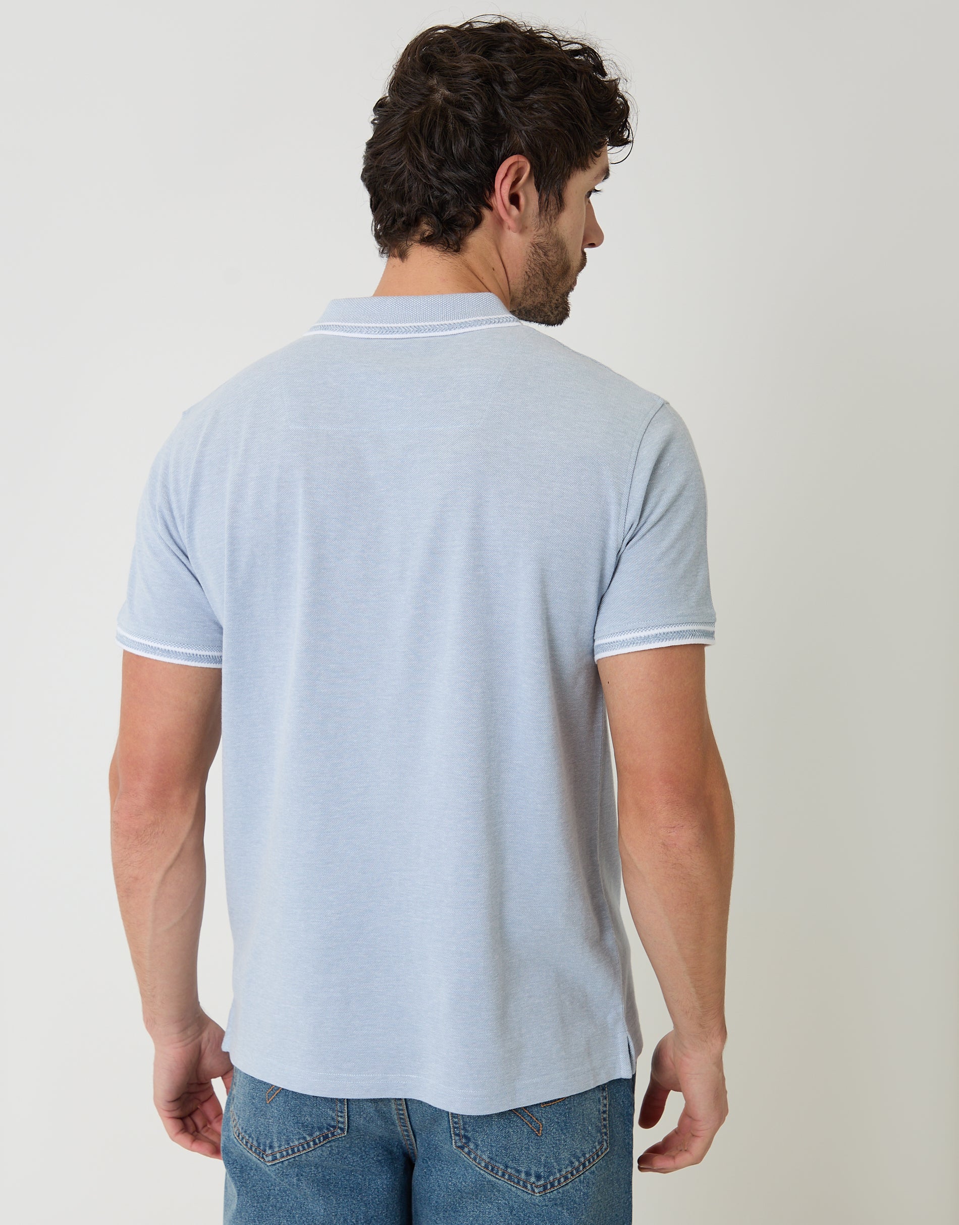 Two Tone Cotton Pique Polo Shirt in Denim Blue - Image 2