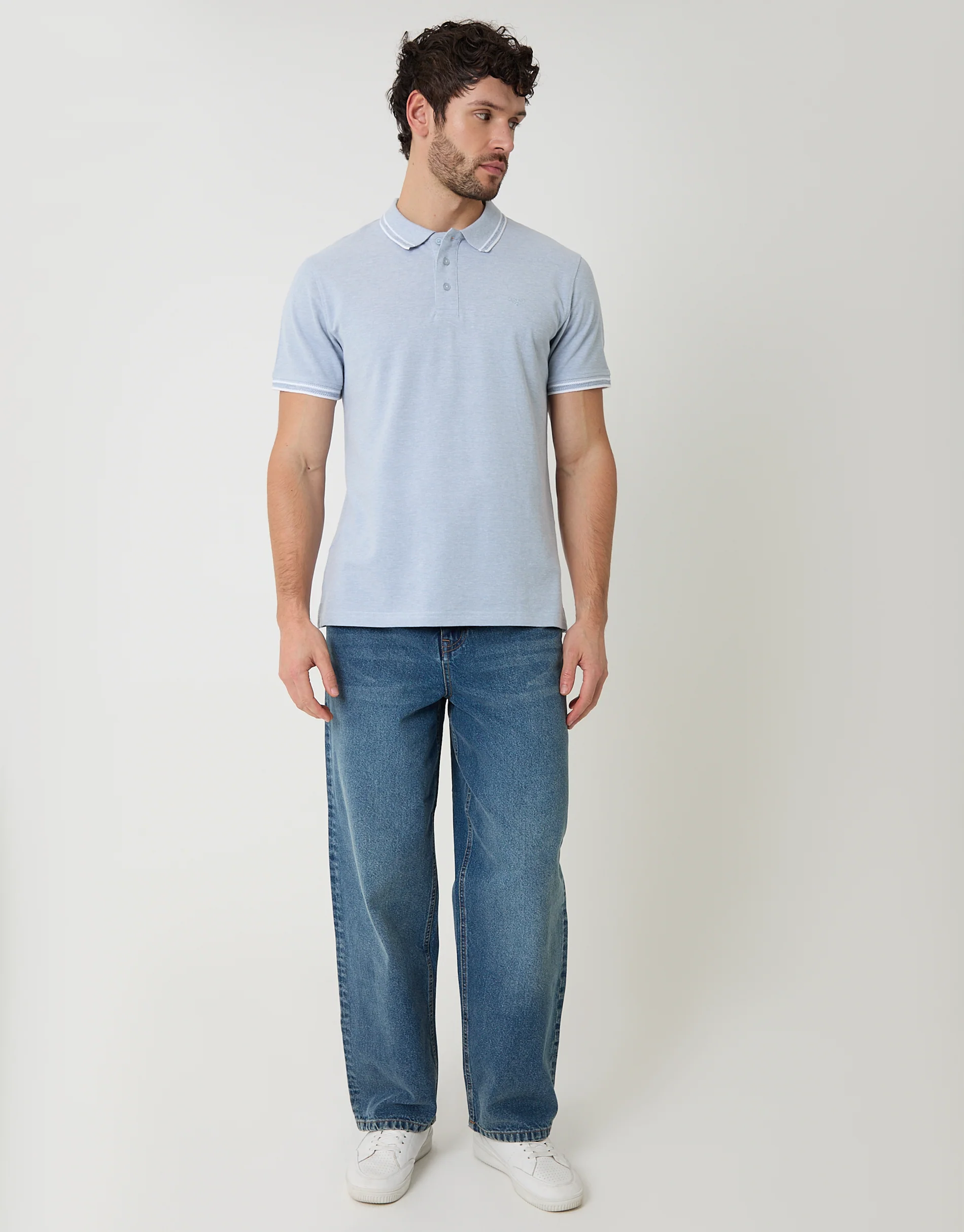 Two Tone Cotton Pique Polo Shirt in Denim Blue - Image 3