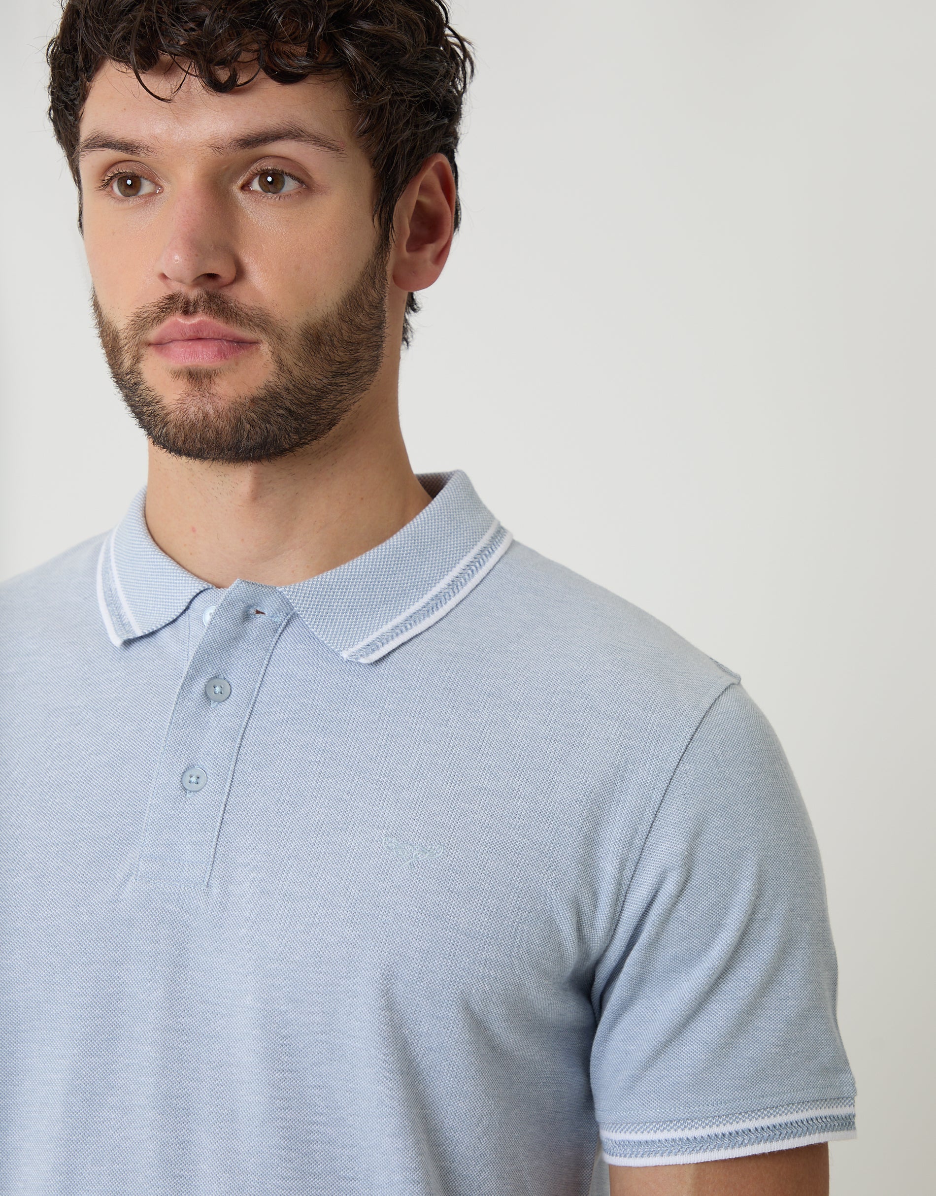 Two Tone Cotton Pique Polo Shirt in Denim Blue - Image 4