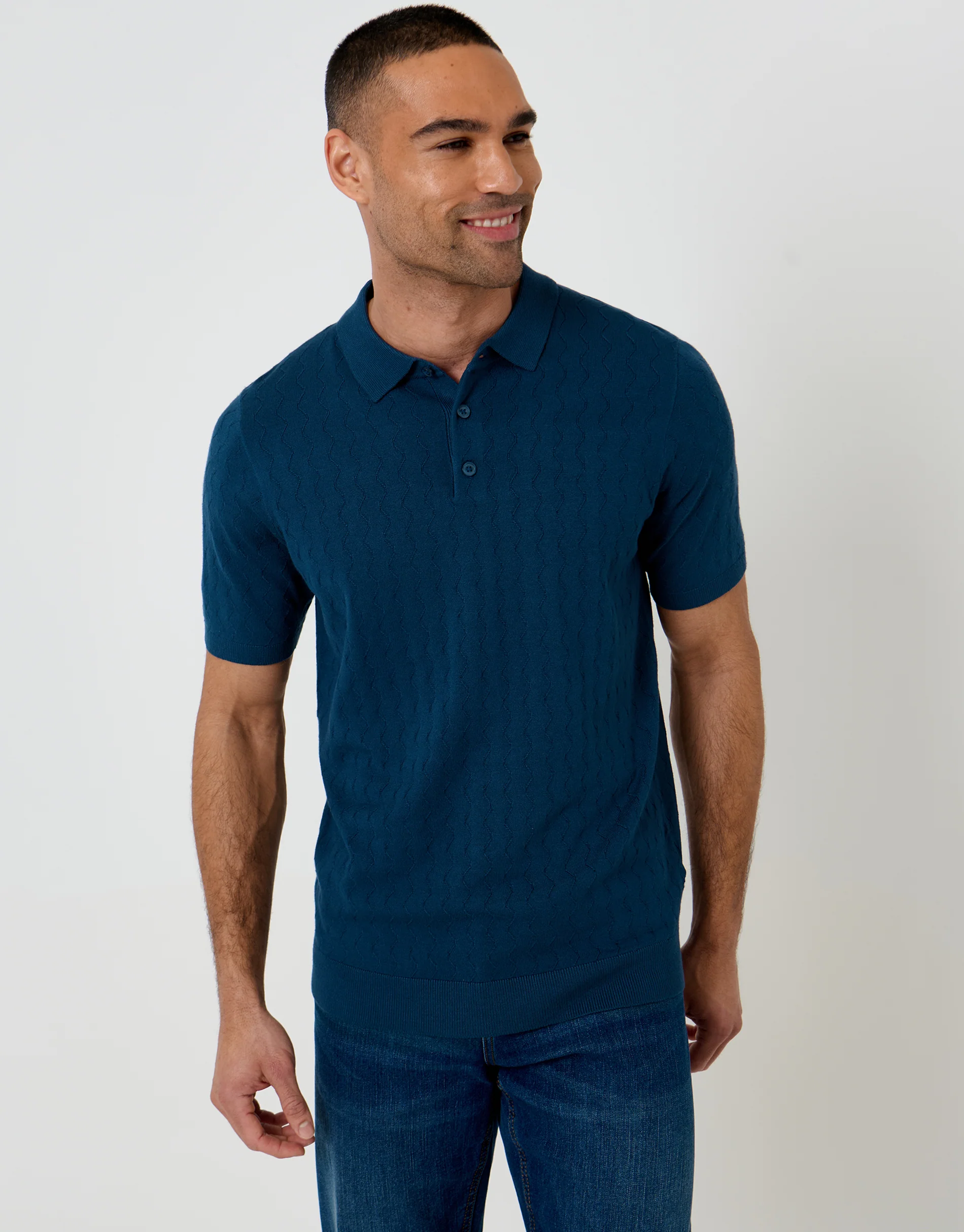 Zig Zag Stitch Knitted Polo in Denim Blue