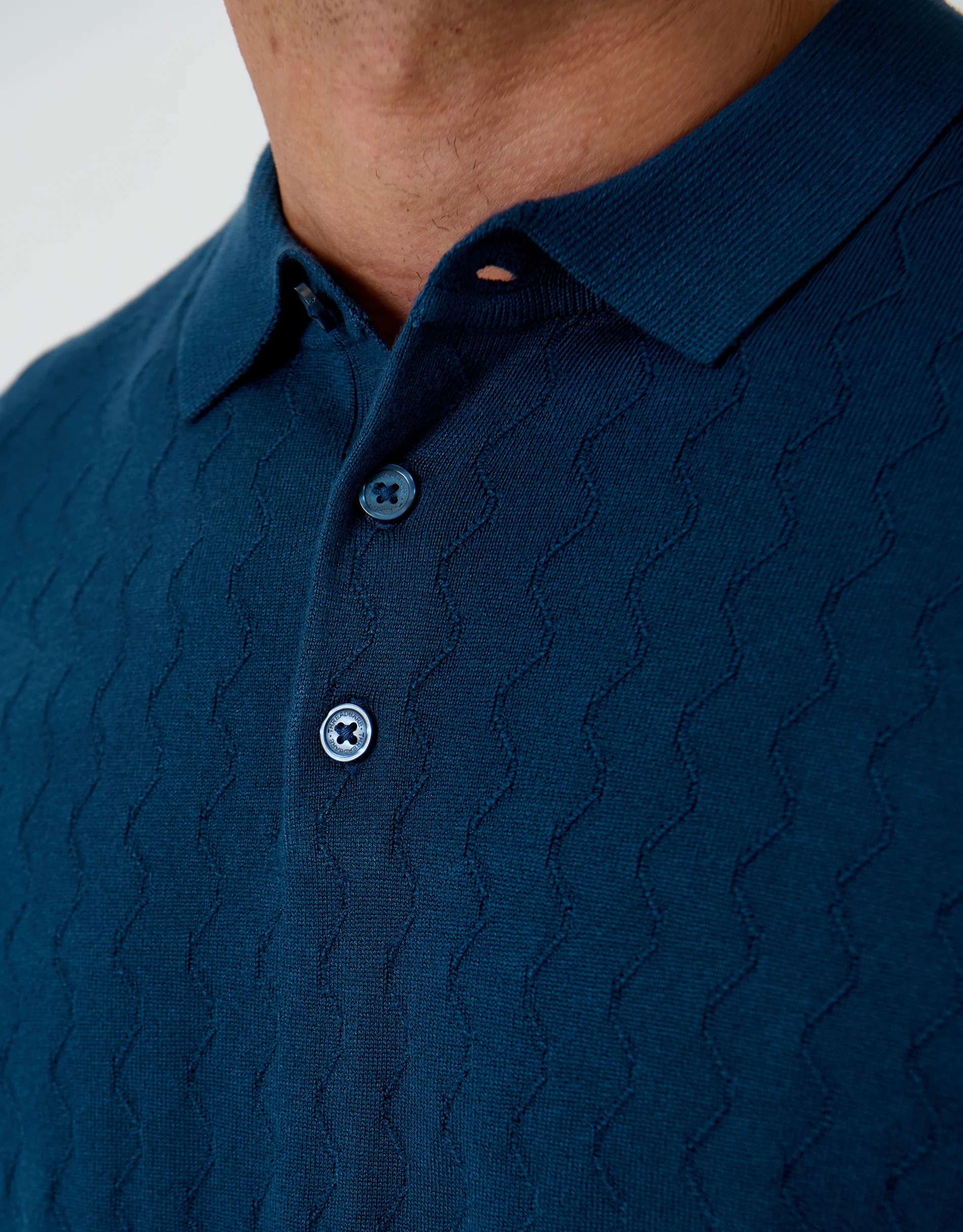 Zig Zag Stitch Knitted Polo in Denim Blue - Image 5