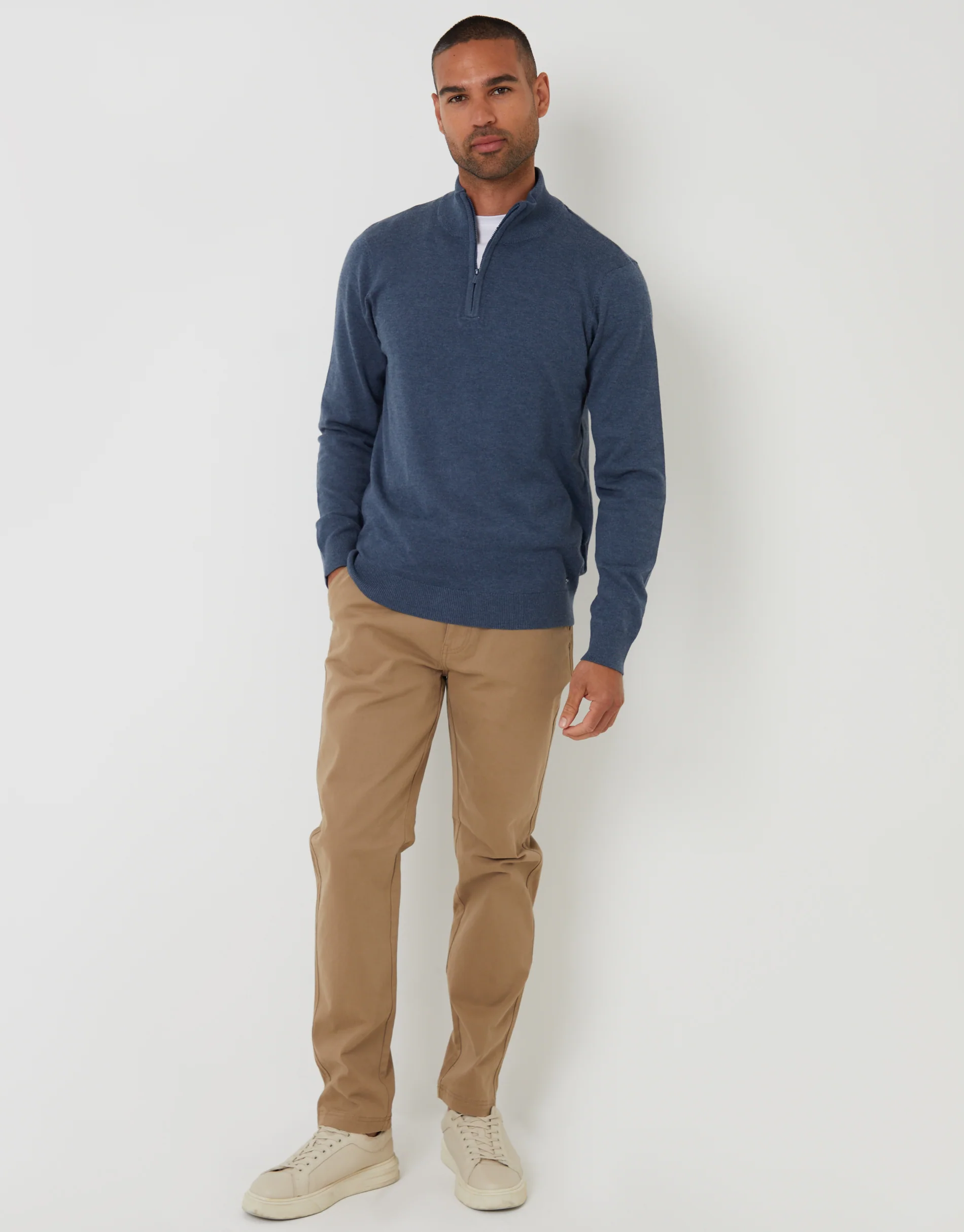 Funnel Neck Quarter Zip Knitted Jumper in Denim Marl Blue - Image 3