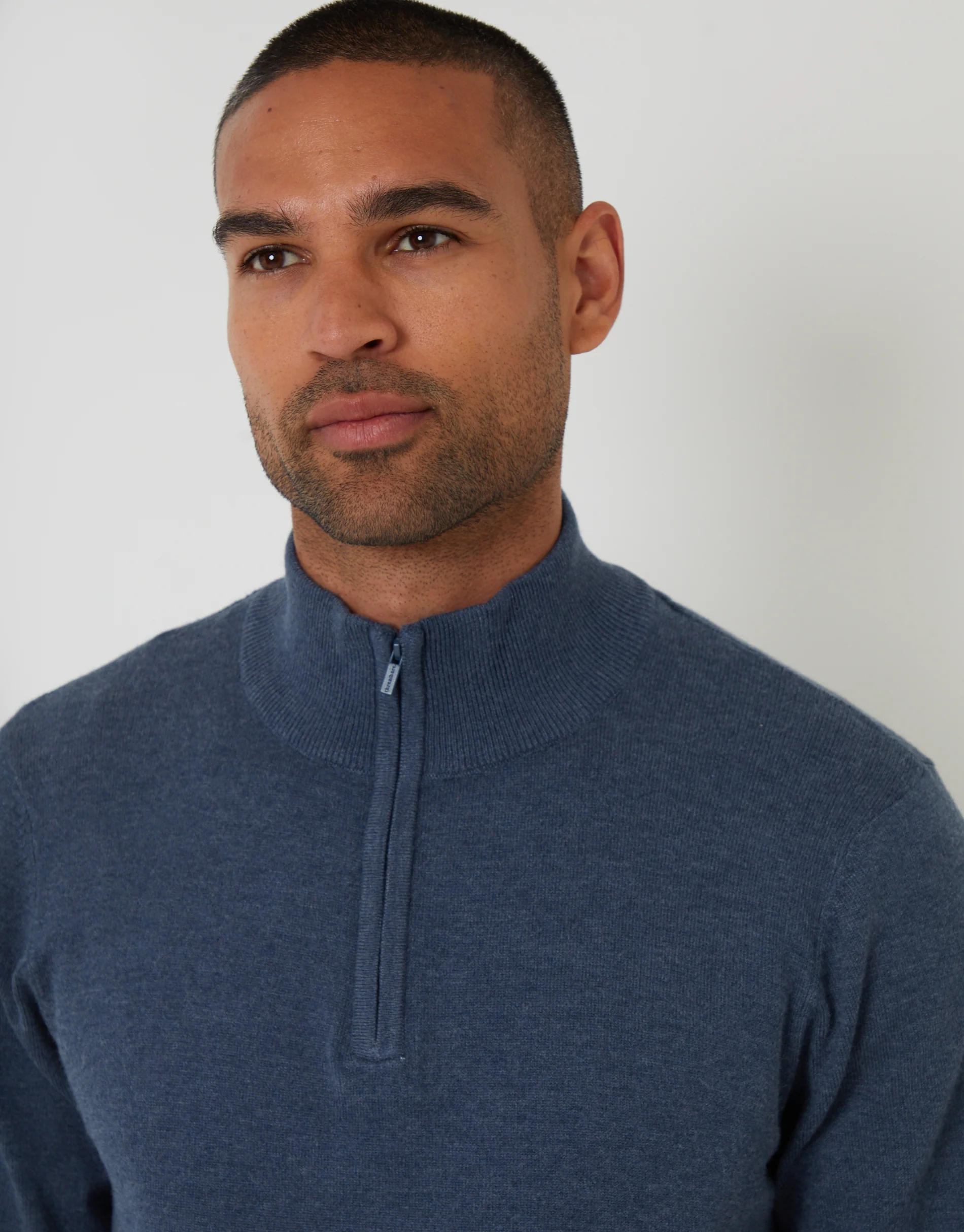 Funnel Neck Quarter Zip Knitted Jumper in Denim Marl Blue - Image 4