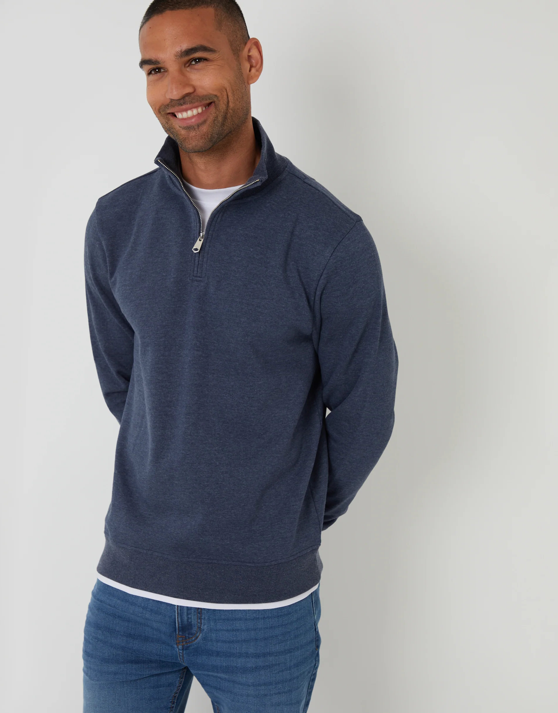 Mock T-Shirt Quarter Zip Sweatshirt in Denim Marl Blue