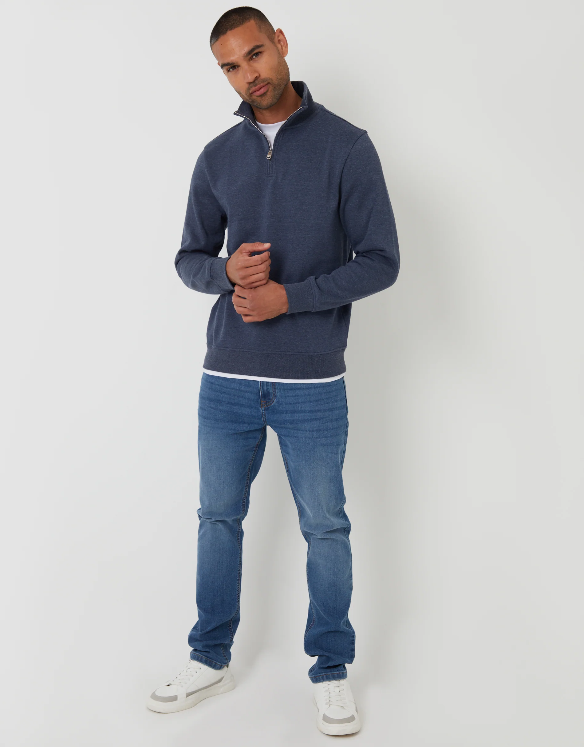 Mock T-Shirt Quarter Zip Sweatshirt in Denim Marl Blue - Image 3