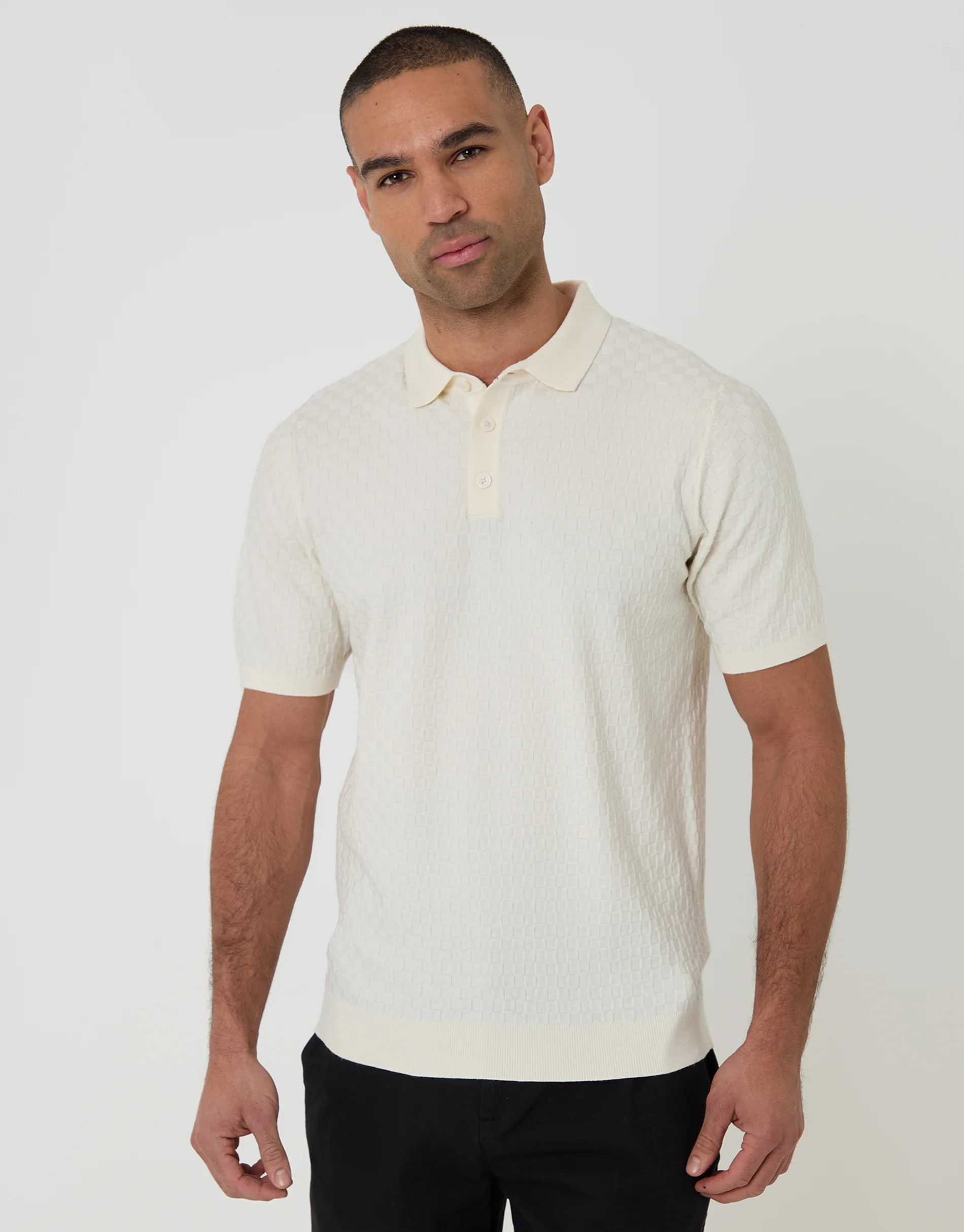 Basket Stitch Knitted Polo in Ecru