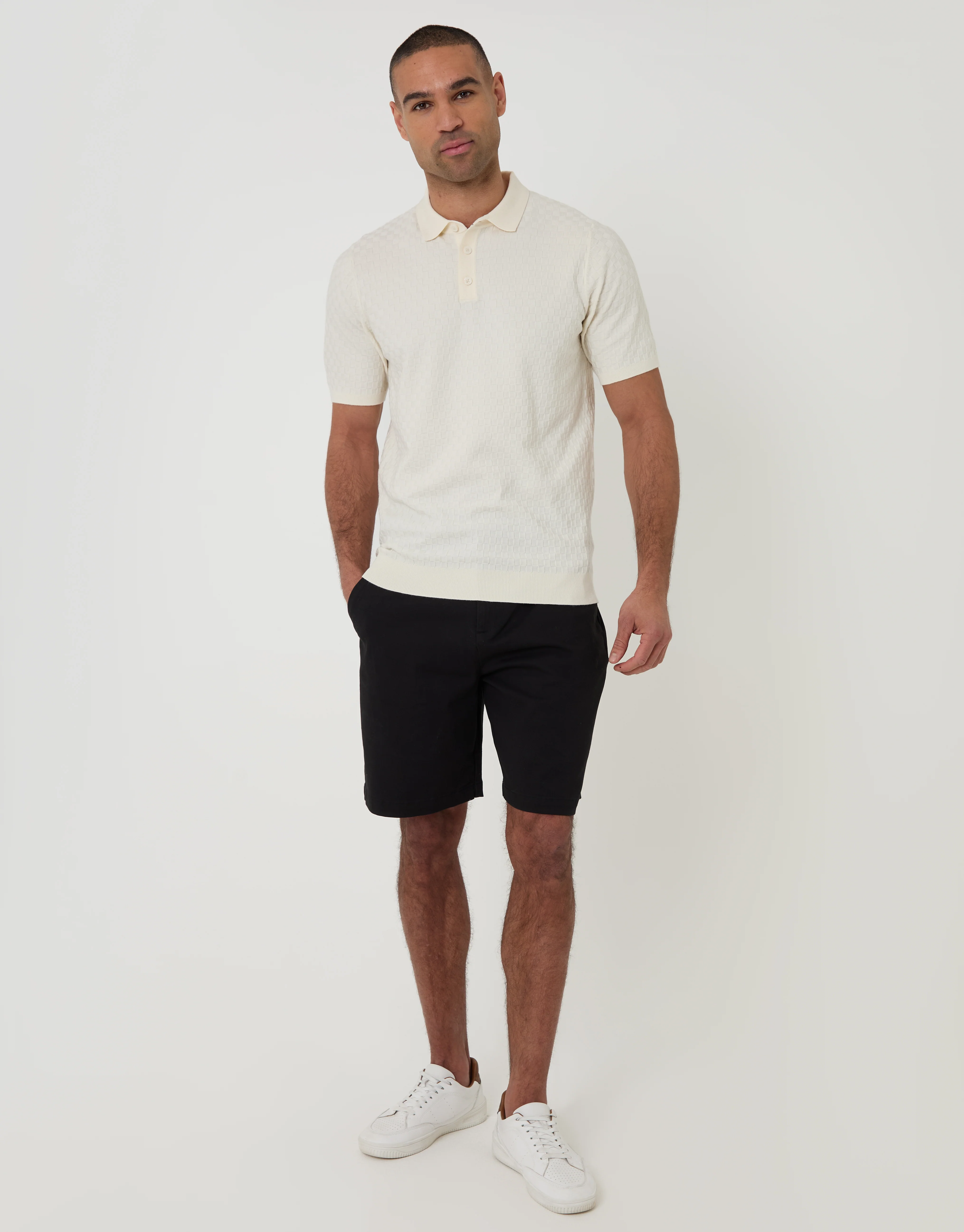 Basket Stitch Knitted Polo in Ecru - Image 3