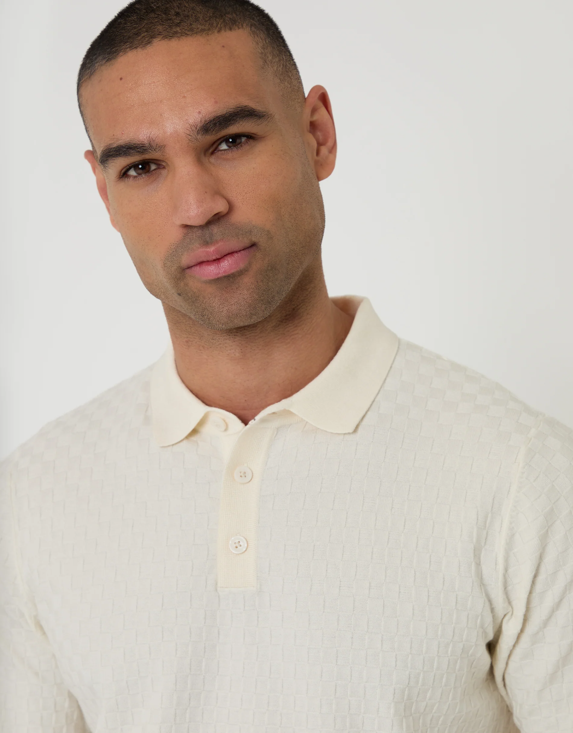 Basket Stitch Knitted Polo in Ecru - Image 4