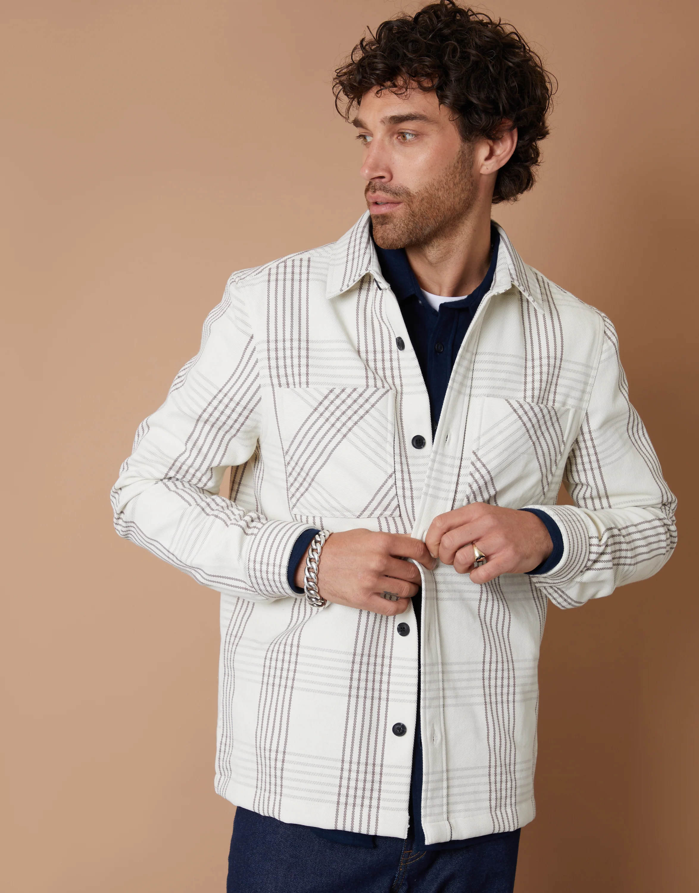 Brushed Shacket in Ecru Check - Image 5