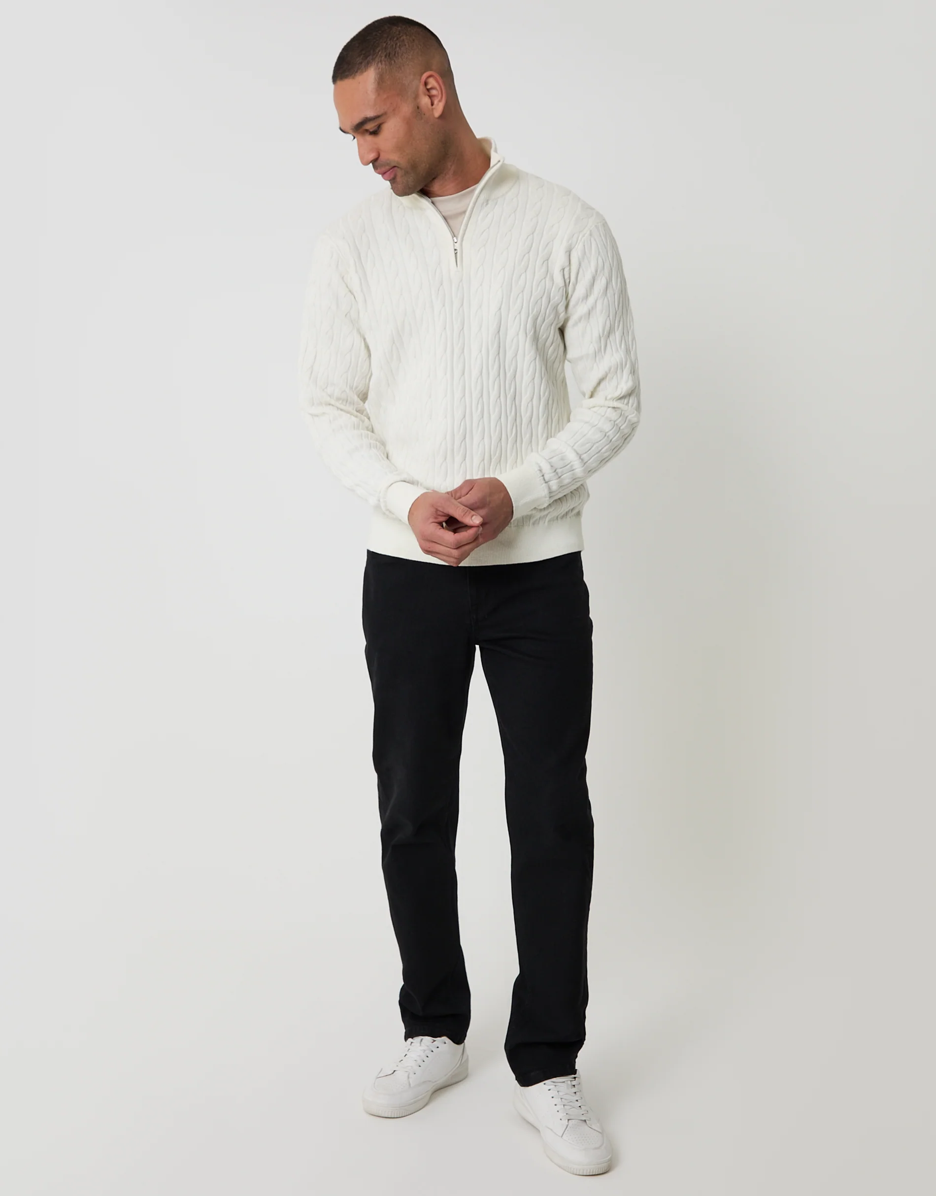 Cable Knit Quarter Zip Jumper in Ecru - Image 3