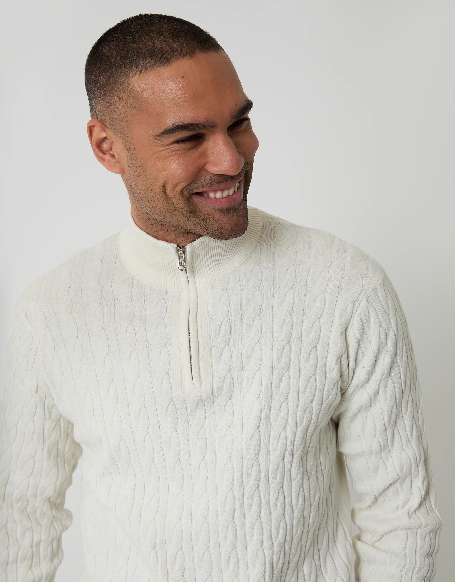 Cable Knit Quarter Zip Jumper in Ecru - Image 4