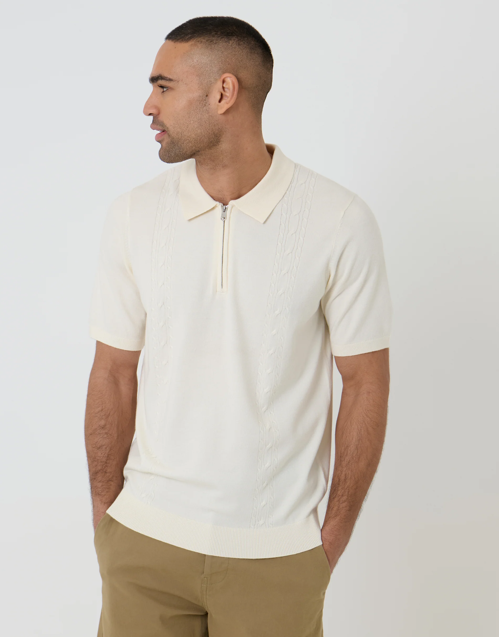 Cable Knit Quarter Zip Polo in Ecru