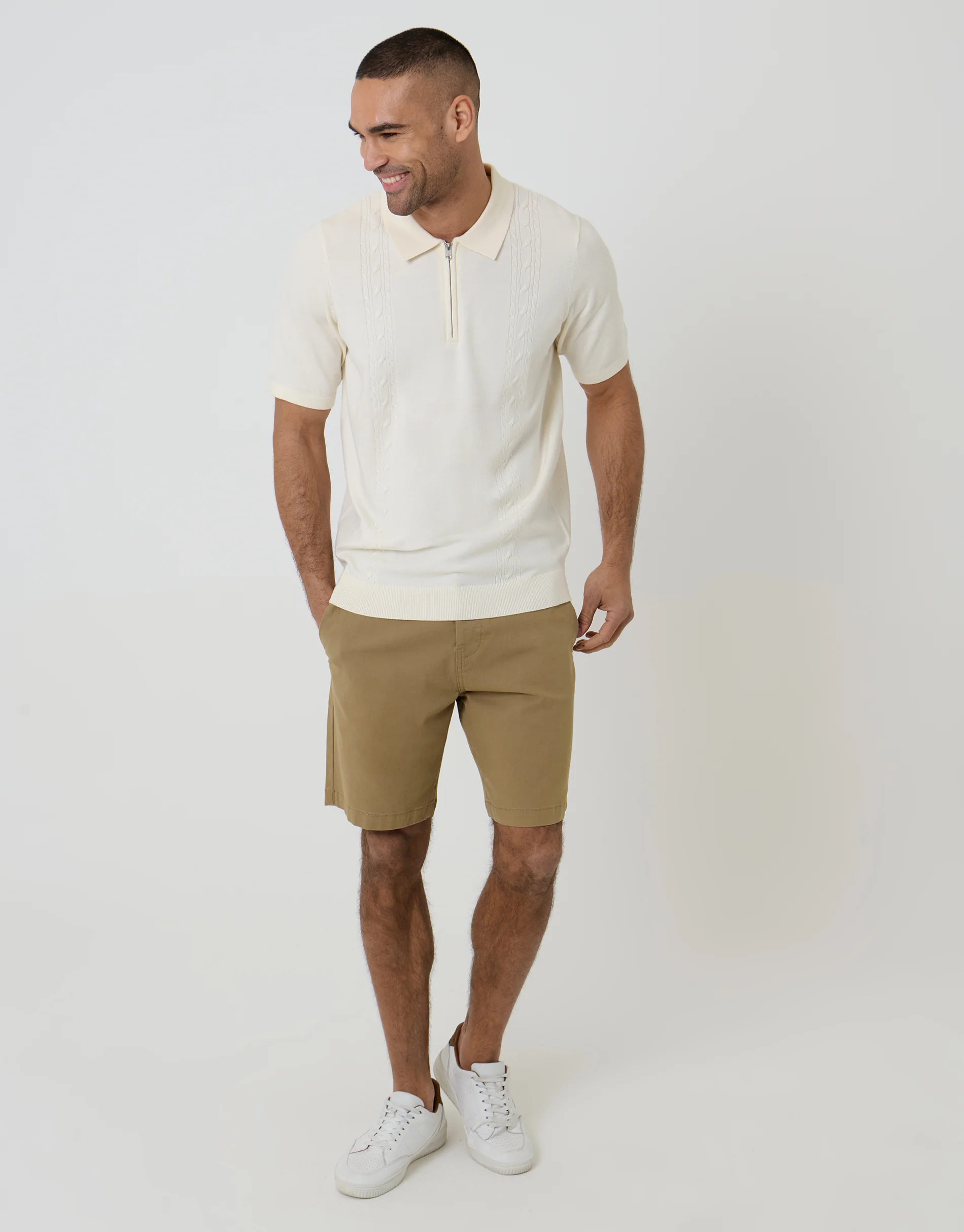 Cable Knit Quarter Zip Polo in Ecru - Image 3