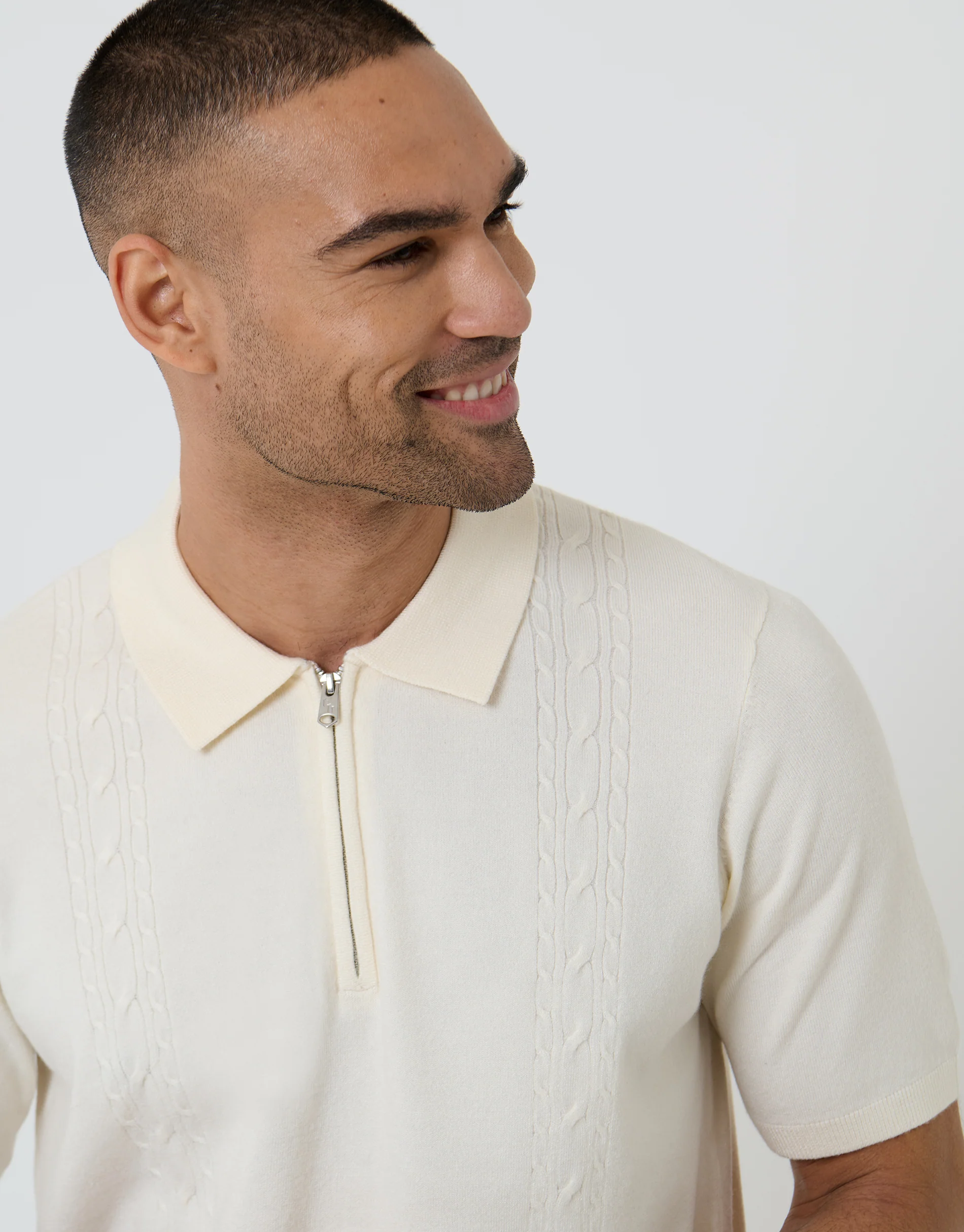 Cable Knit Quarter Zip Polo in Ecru - Image 4