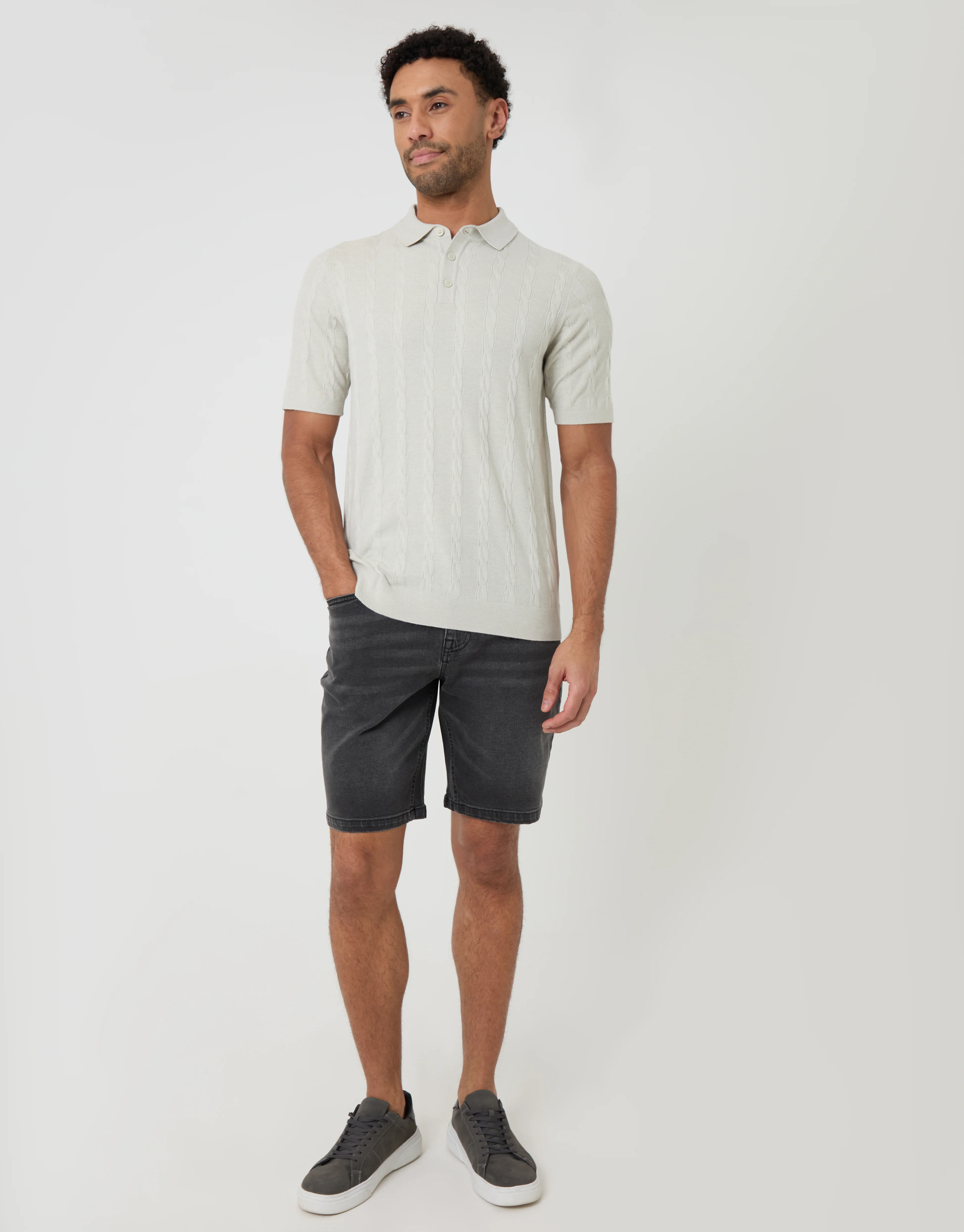 Cable Stripe Knitted Button Polo in Ecru - Image 3
