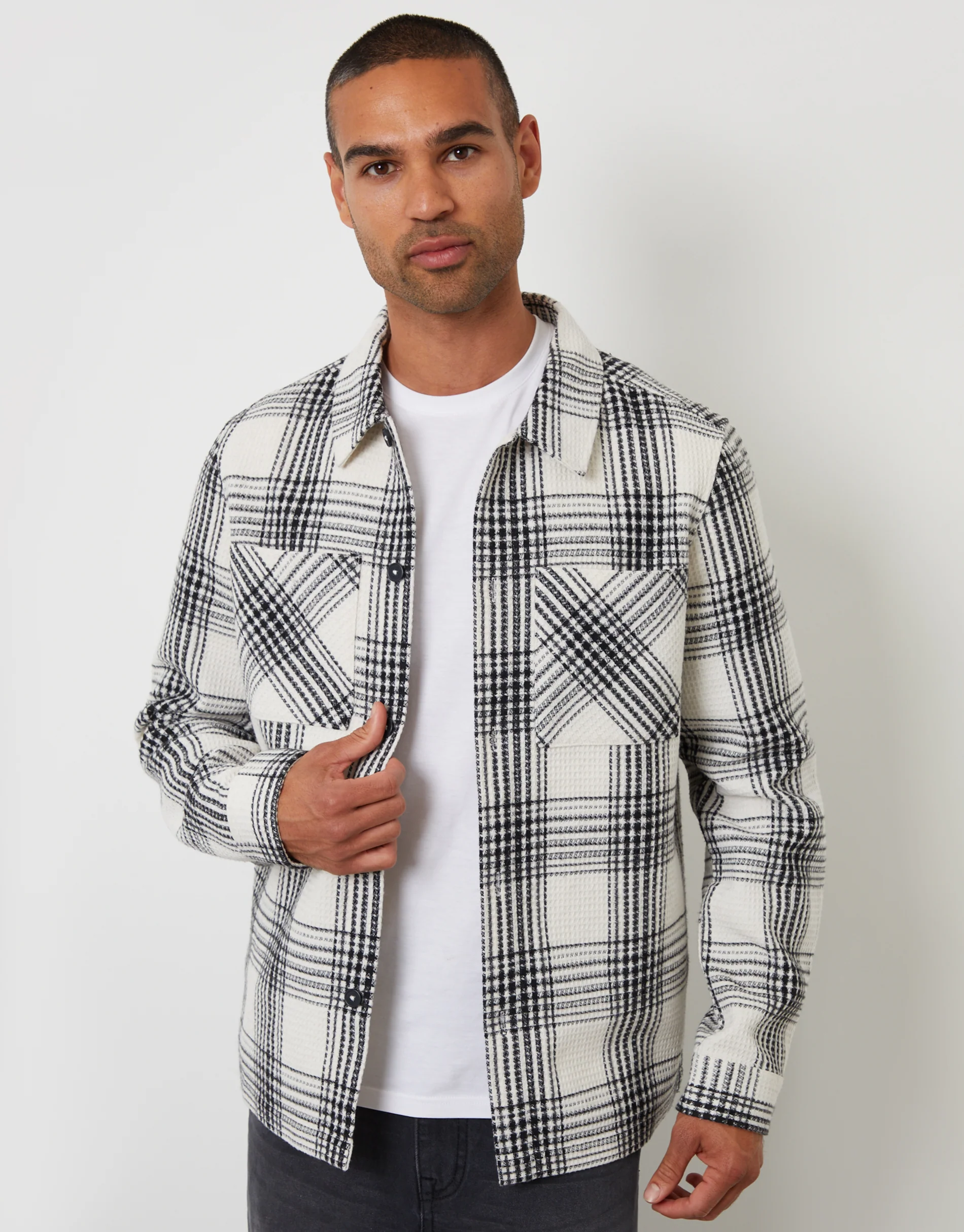 Waffle Textured Shacket in Ecru Check