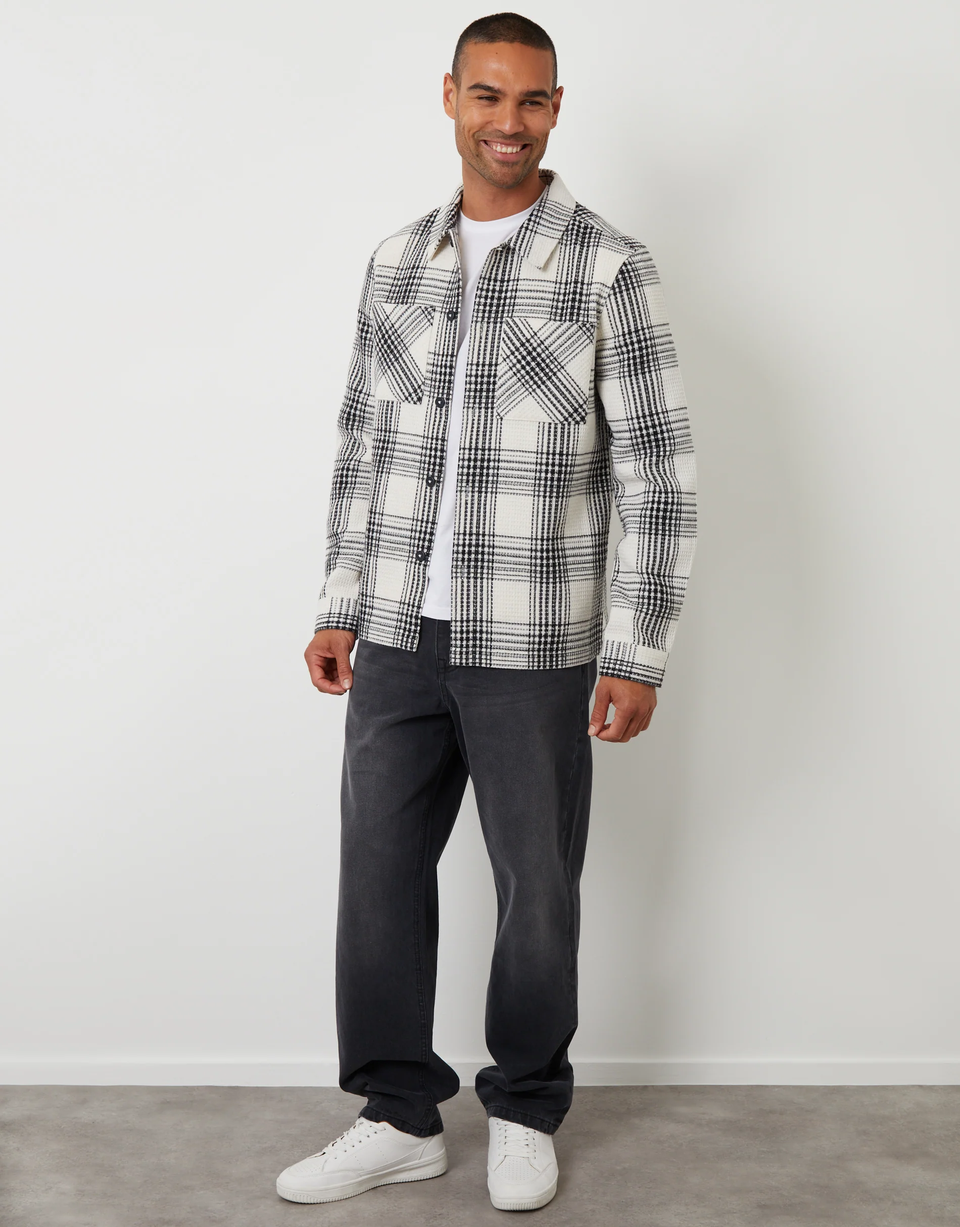 Waffle Textured Shacket in Ecru Check - Image 3