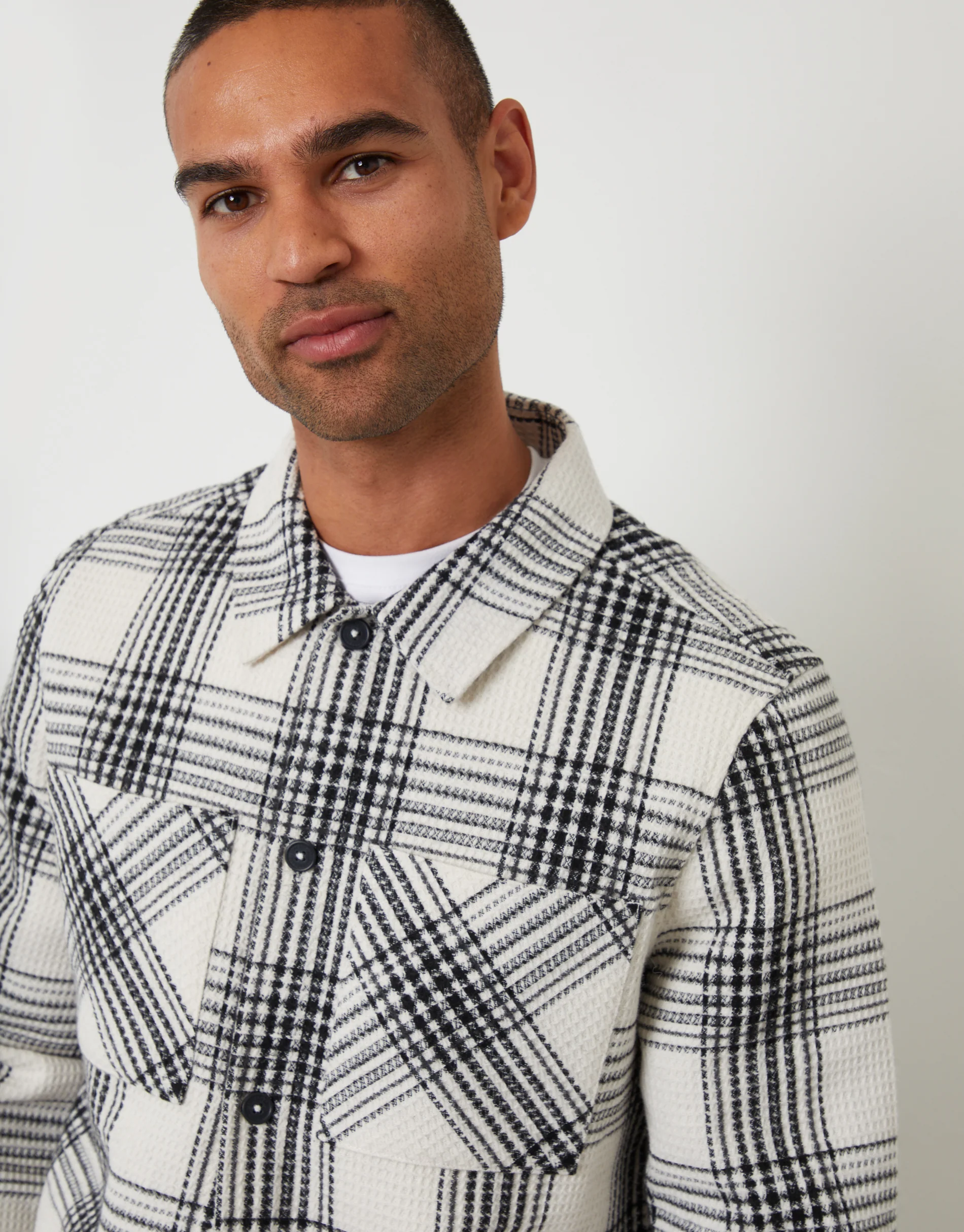 Waffle Textured Shacket in Ecru Check - Image 4