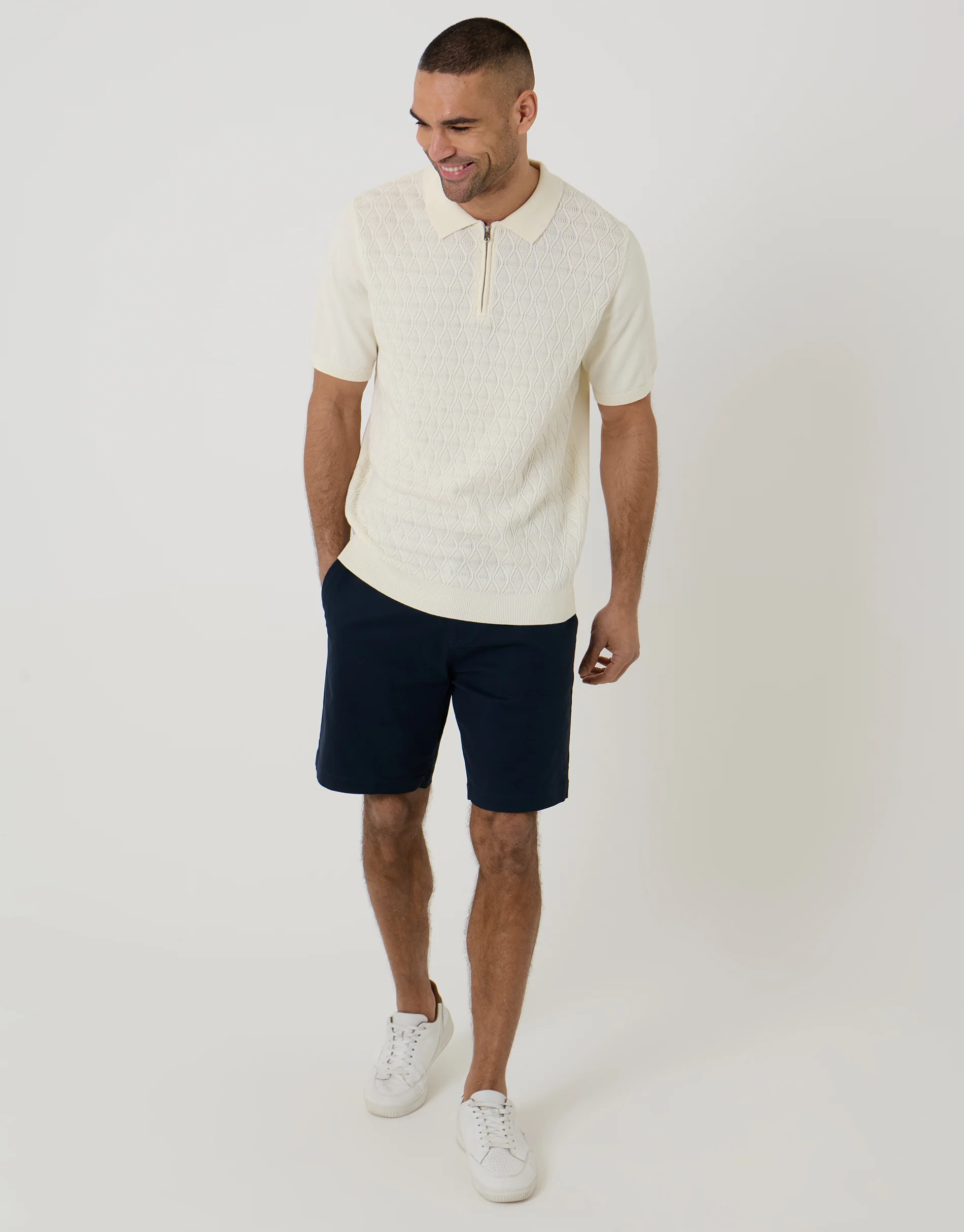 Diamond Cable Knit Quarter Zip Polo in Ecru - Image 3