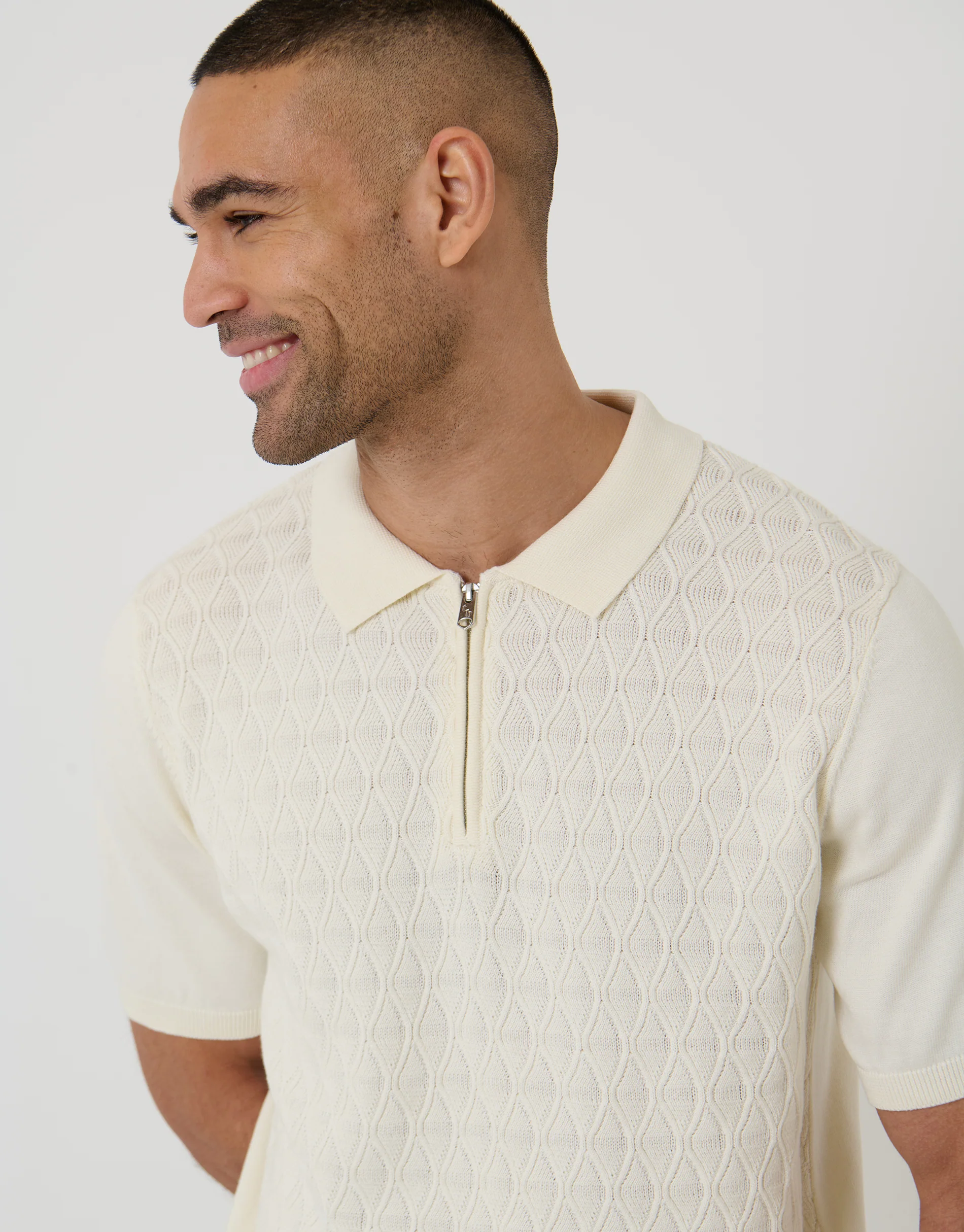 Diamond Cable Knit Quarter Zip Polo in Ecru - Image 4