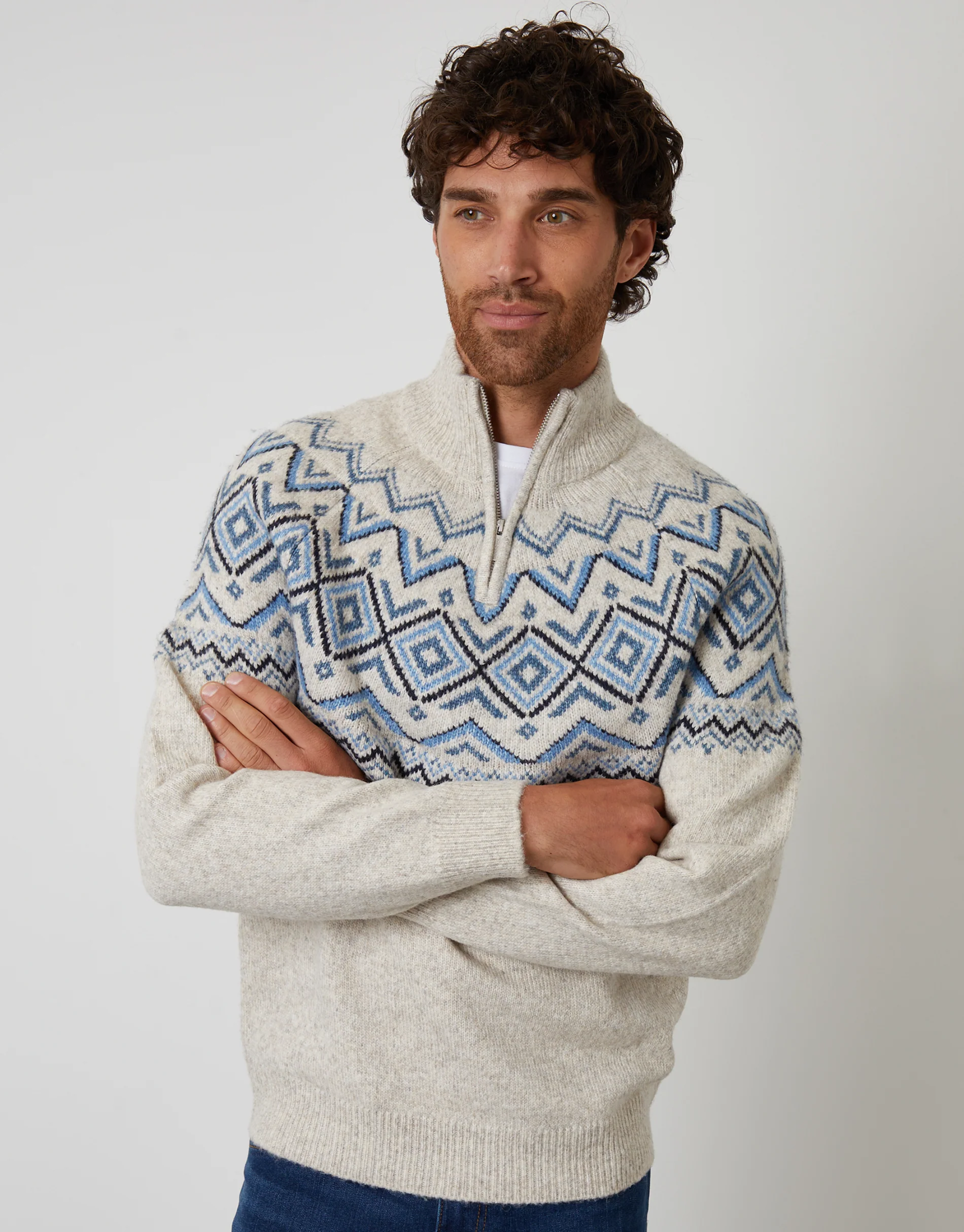 Fairisle Quarter Zip Knitted Jumper in Ecru - Image 2