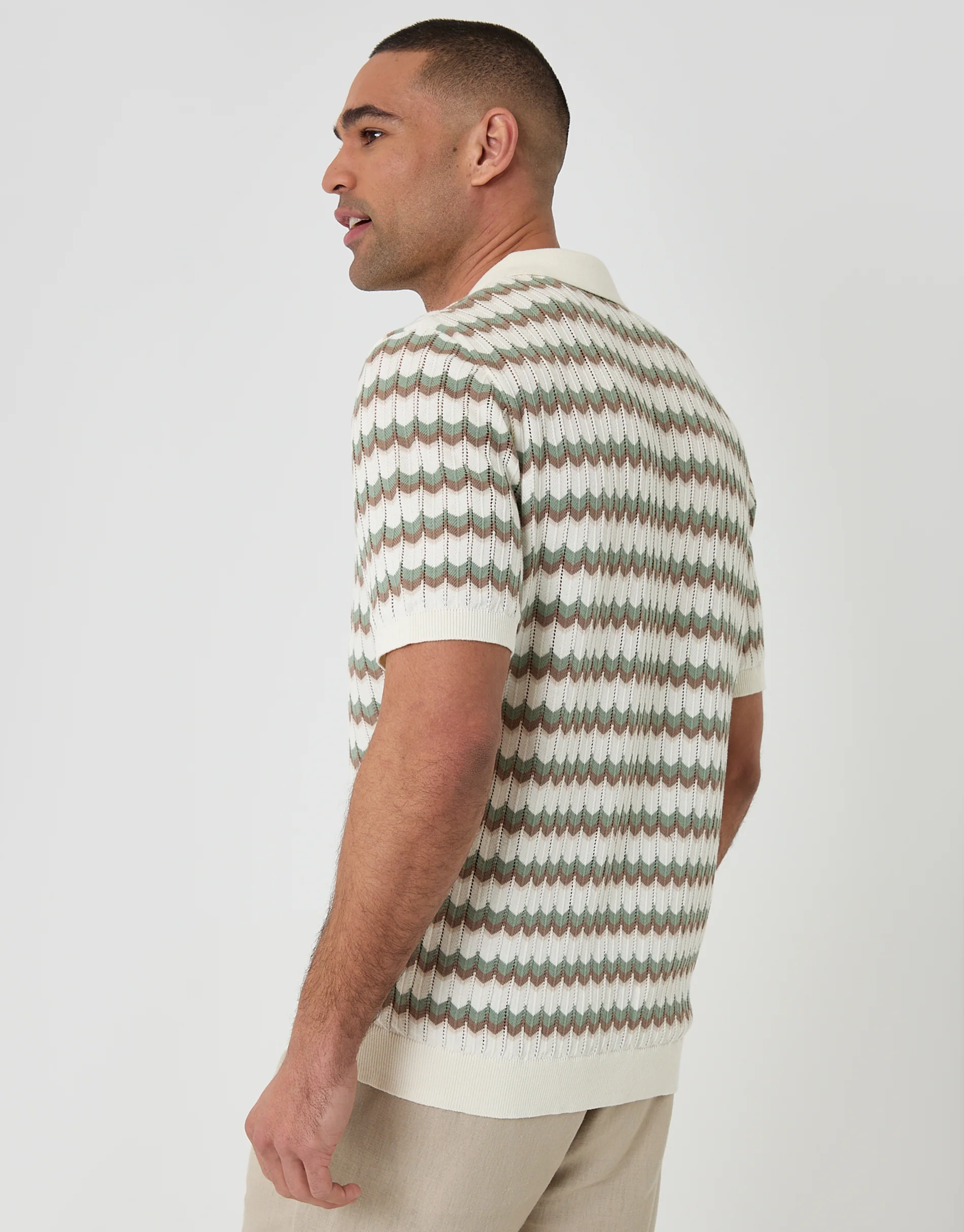 Herringbone Knitted Quarter Zip Polo in Ecru Stripe - Image 2