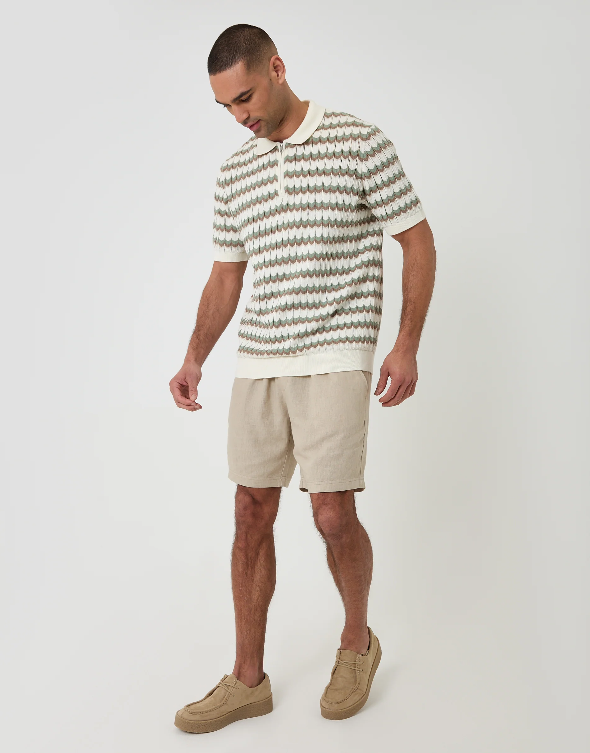Herringbone Knitted Quarter Zip Polo in Ecru Stripe - Image 3